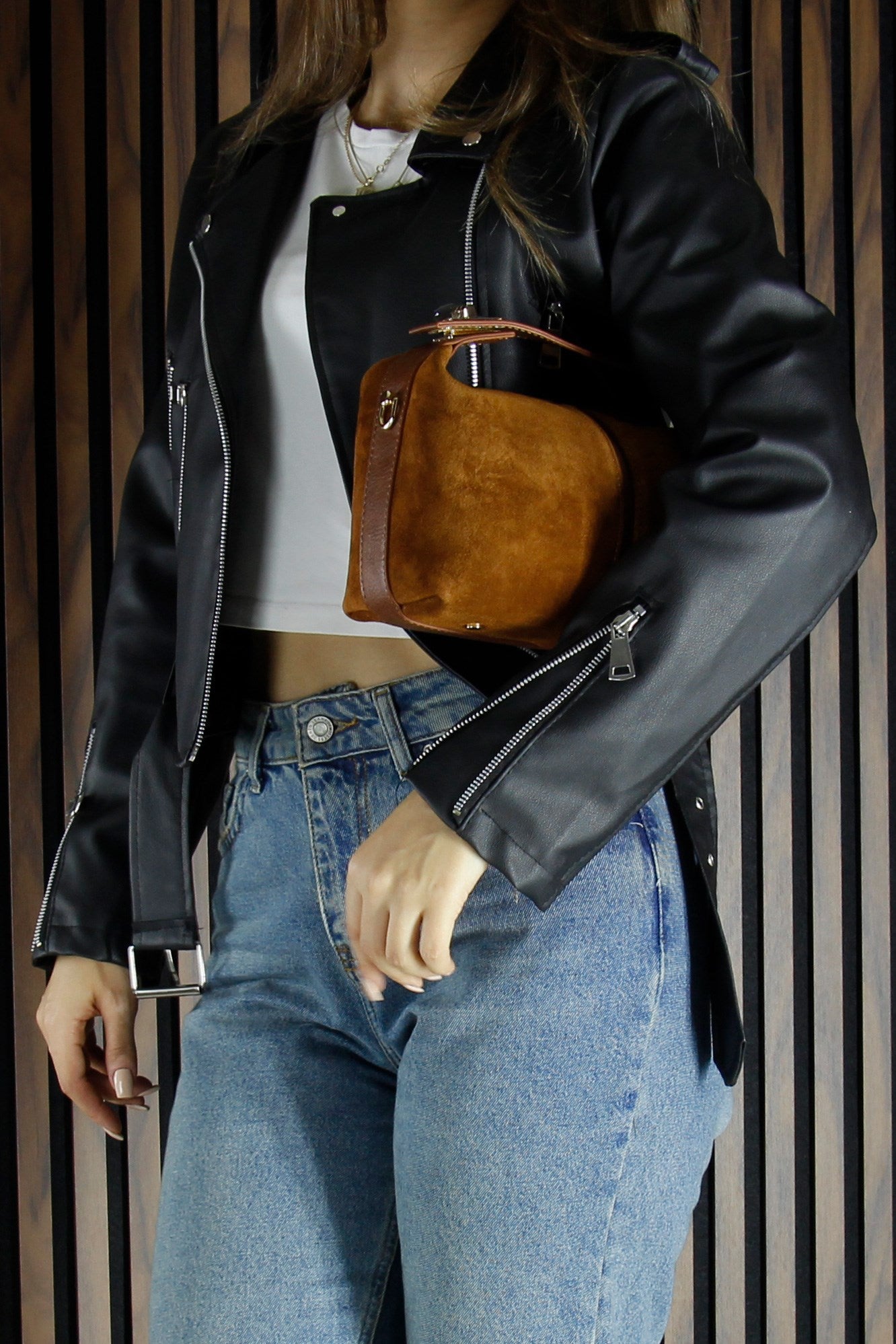 (VSN5009OC) Taba Hakiki Dana Süet Fermuarlı Askılı İç Cepli Orta Boy Günlük Omuz Çantası