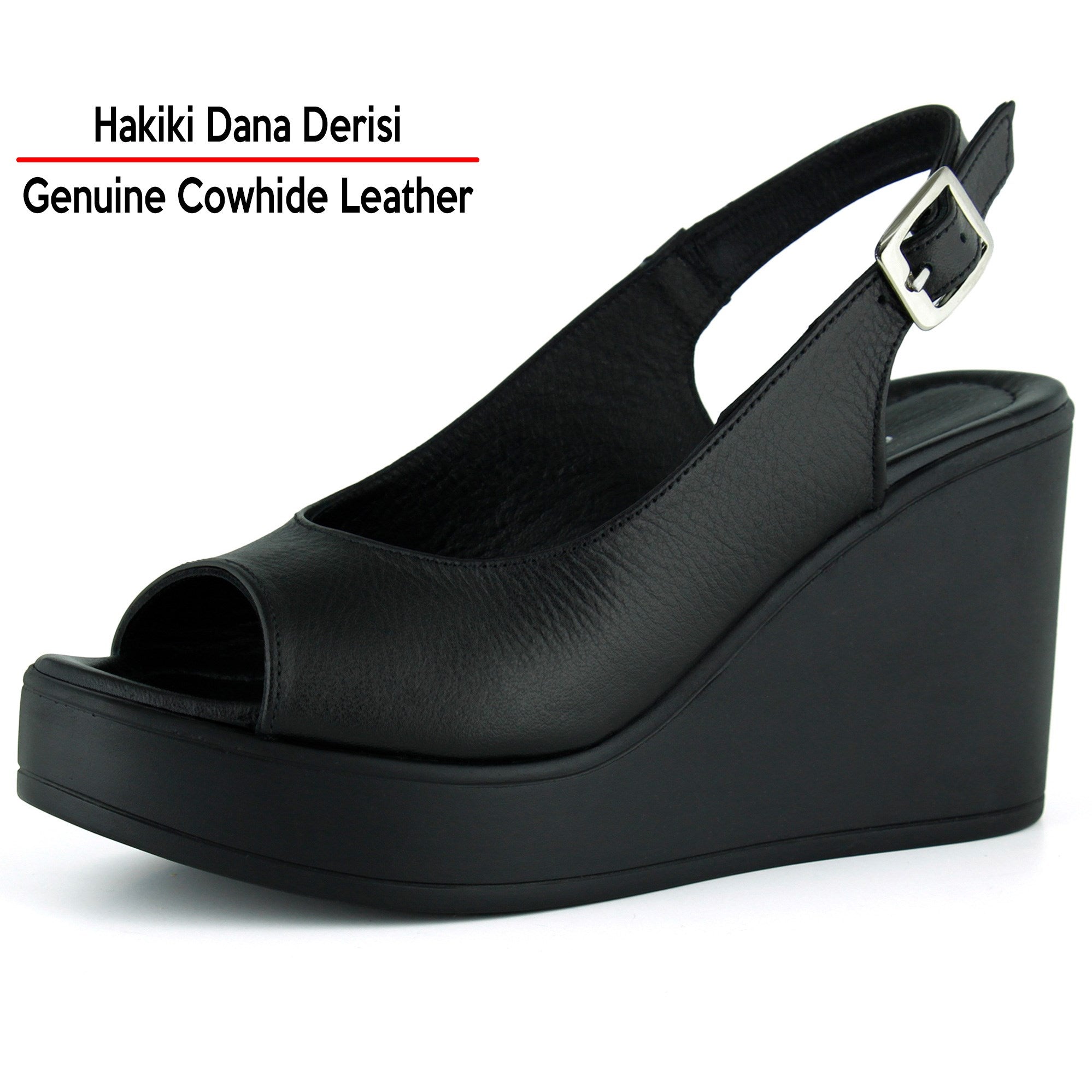 Mathilda Siyah Hakiki Dana Derisi Dolgu Topuklu Slingback Sandalet