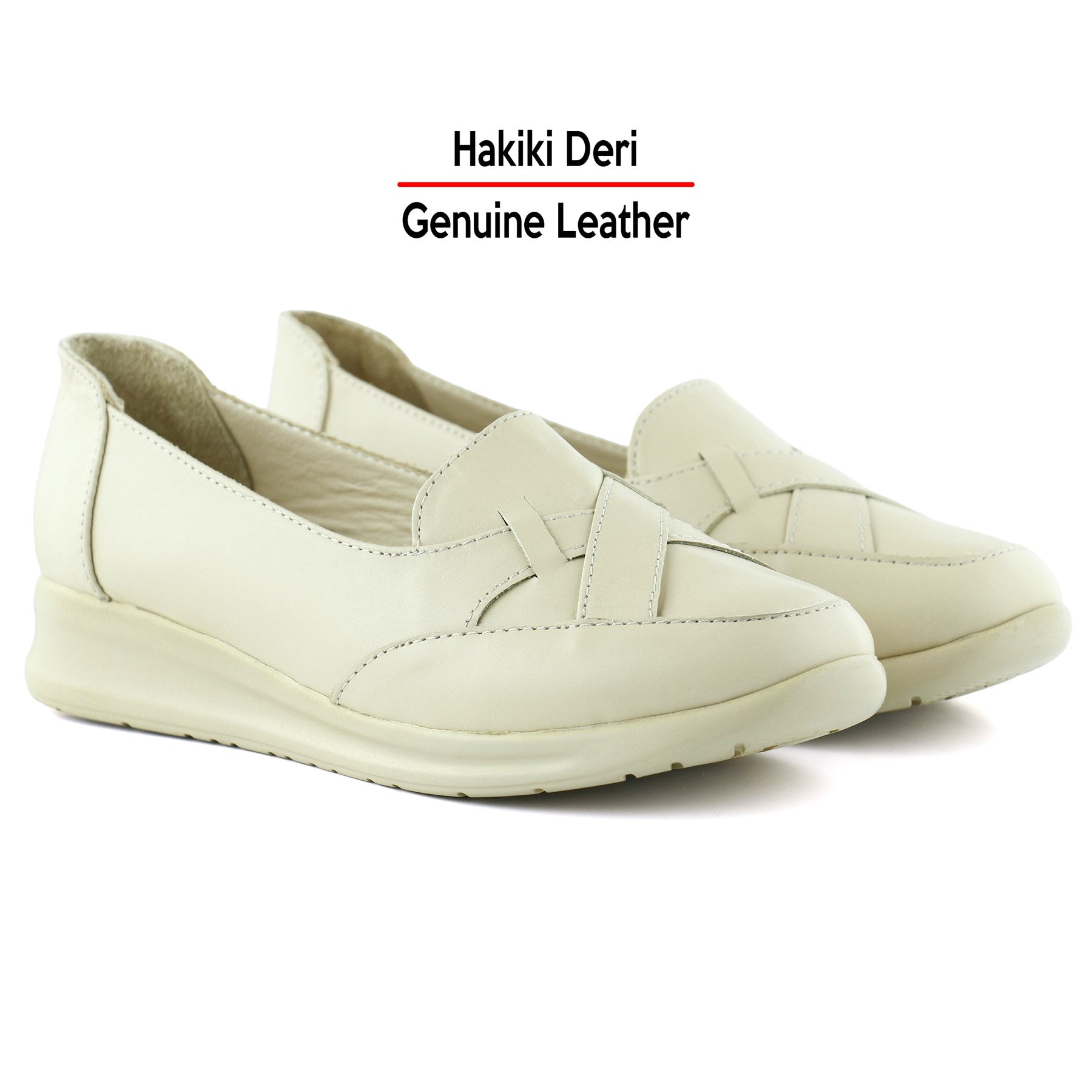 Mammina Bej Hakiki Deri Çapraz Bant Detaylı Slip-On Günlük Ayakkabı