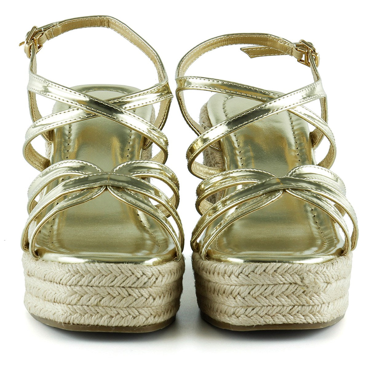 [7002] Altın Rugan Çapraz Bantlı Taşlı Zikzak Örgü Jüt Platform Topuklu Sandalet