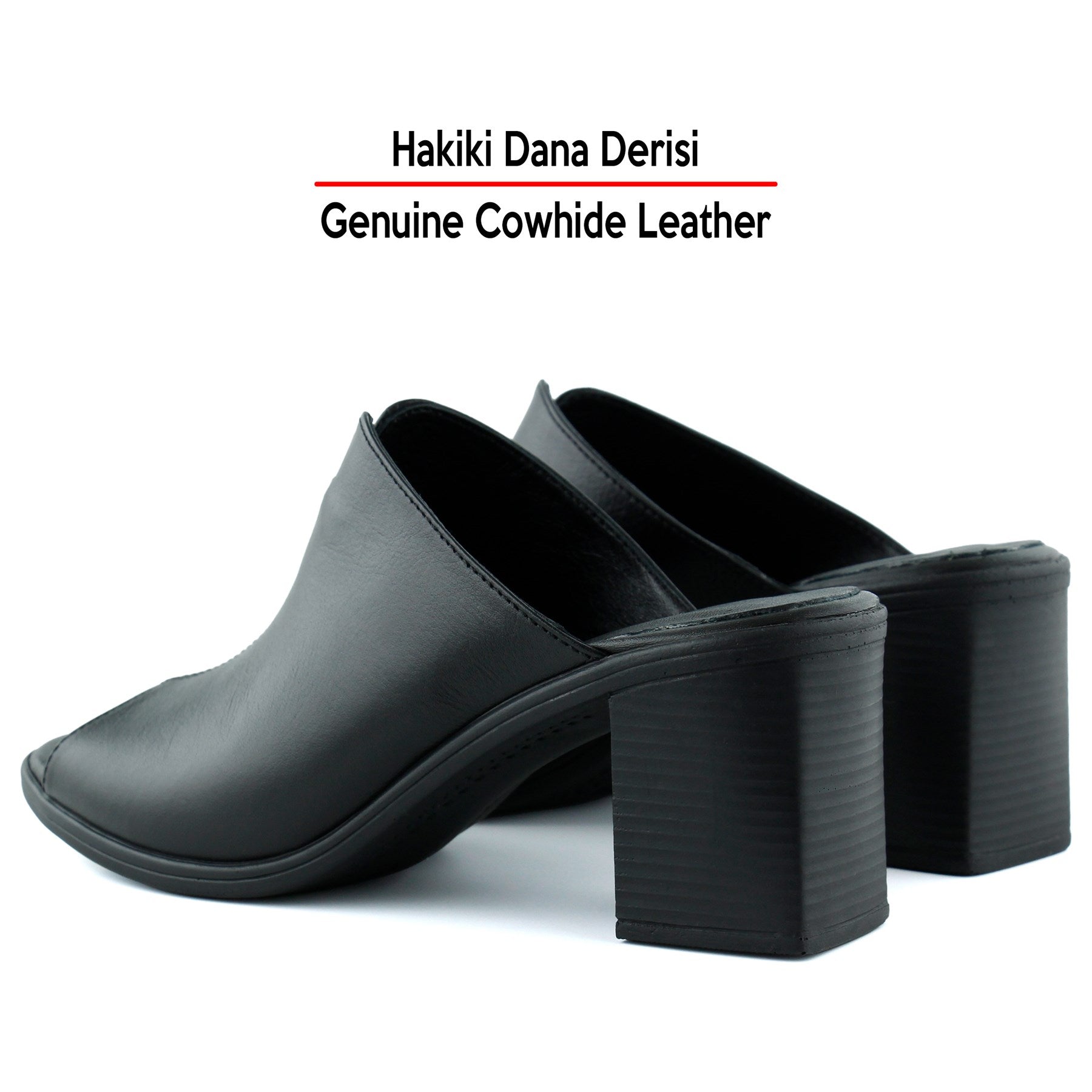 Valery Siyah Hakiki Dana Derisi Önü Açık Kalın Topuklu Terlik