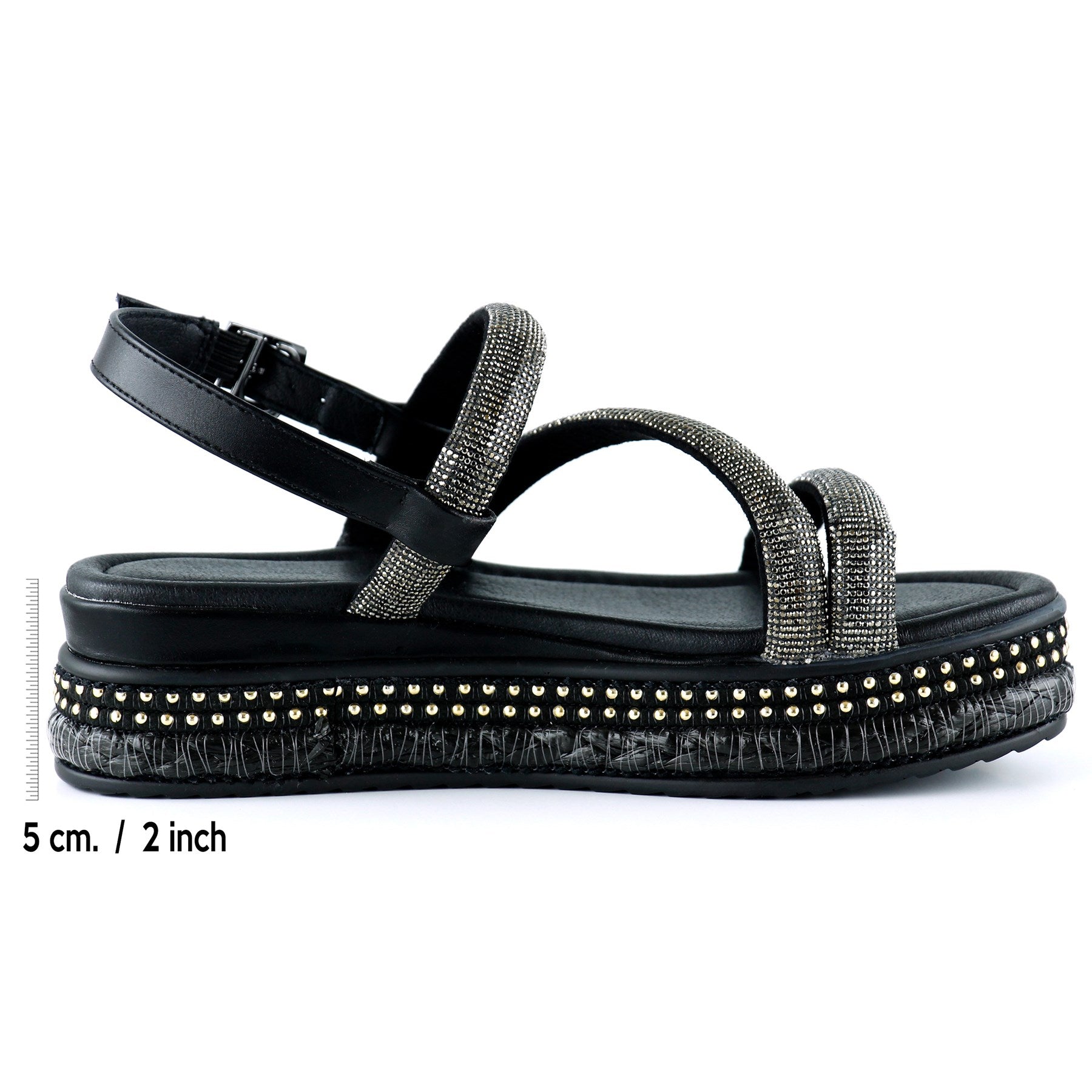 [7027] Siyah Üç Bant Taşlı İnci Detaylı Zikzak Örgülü Platform Sandalet