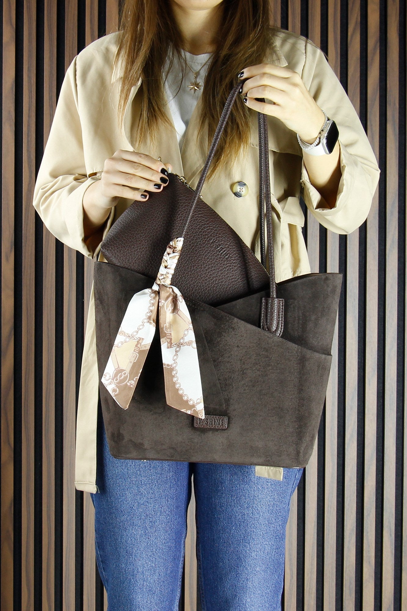 (VSN3094OC) Kahve Hakiki Dana Süet Manyetik Kapaklı Büyük Boy Günlük Omuz Çantası ve Askılı El Çantası