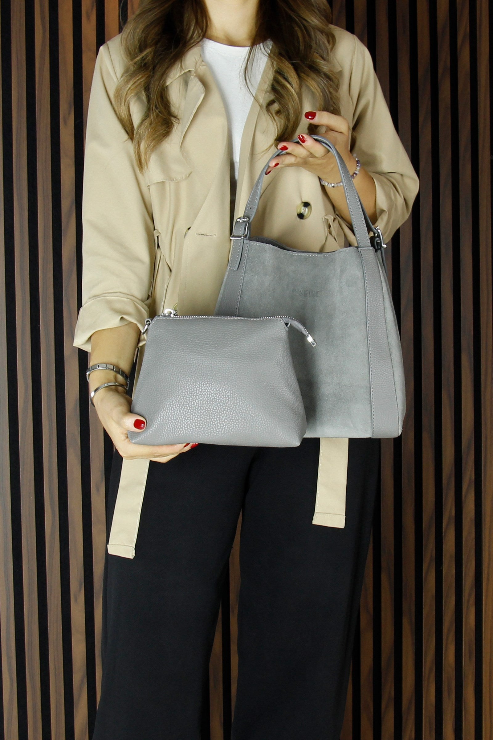 (VSN5012OC) Gri Hakiki Dana Süet Manyetik Kapaklı Büyük Boy Günlük Omuz Çantası ve Askılı El Çantası