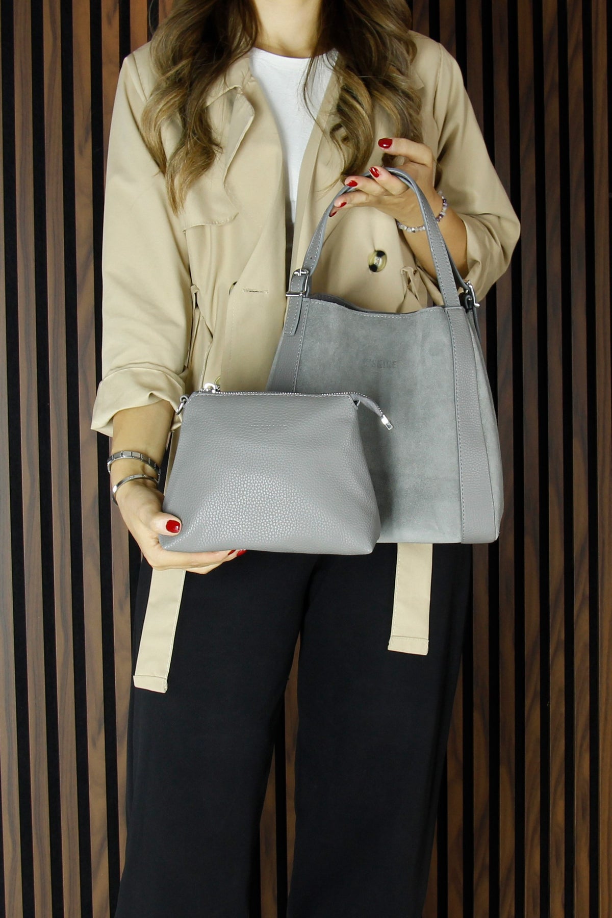 (VSN5012OC) Gri Hakiki Dana Süet Manyetik Kapaklı Büyük Boy Günlük Omuz Çantası ve Askılı El Çantası