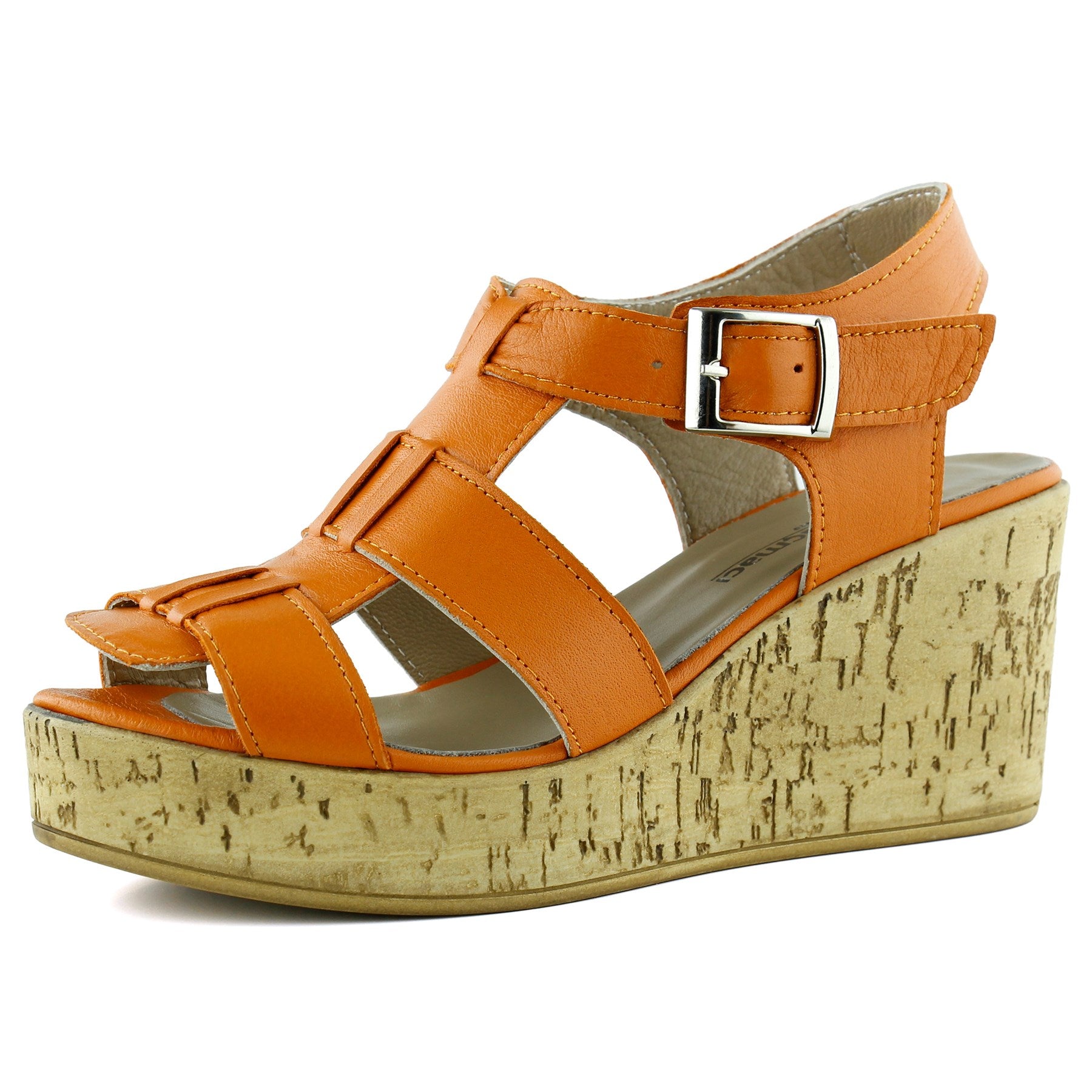 Xena Turuncu Hakiki Dana Derisi Mantar Taban Görünümlü Dolgu Topuklu Gladyatör Sandalet