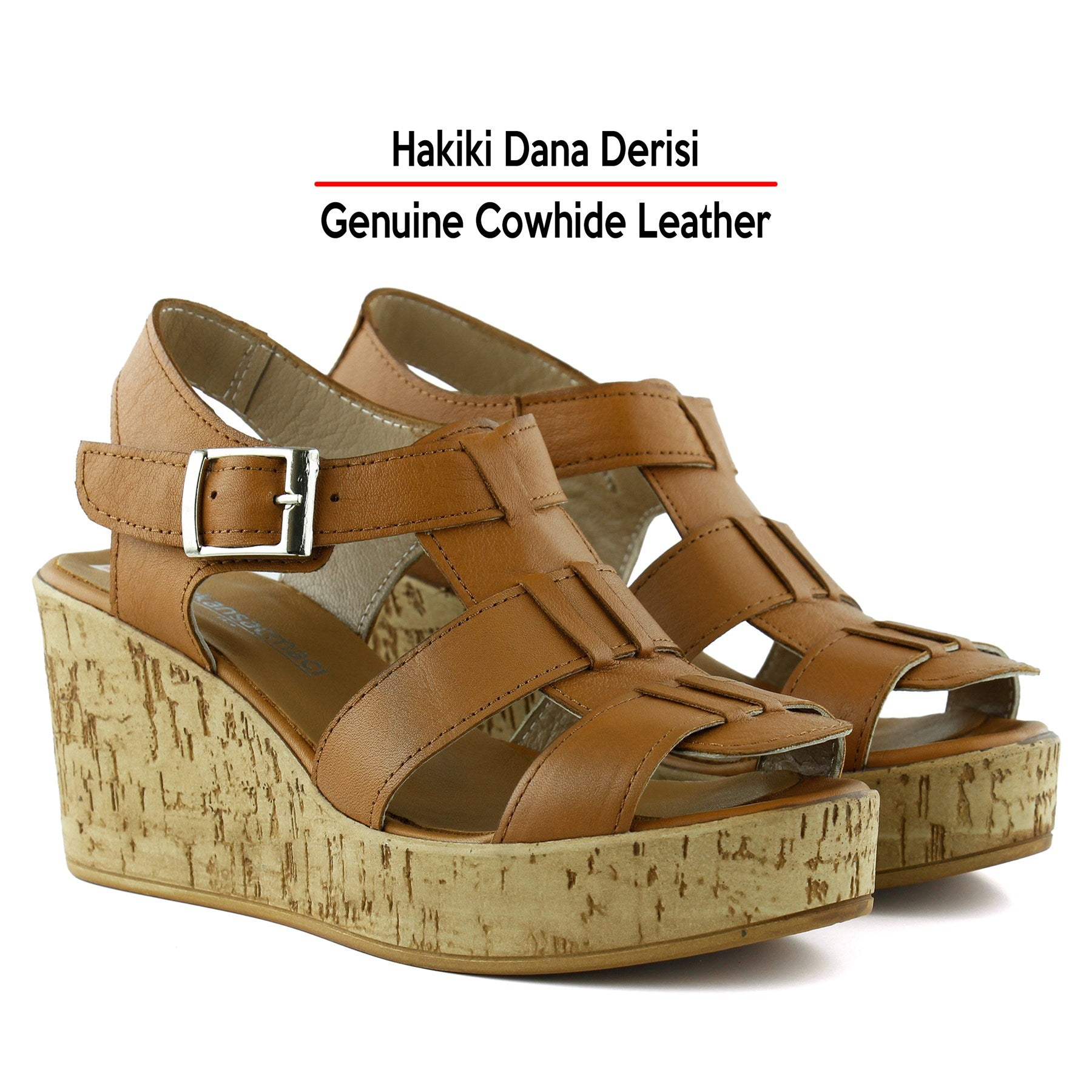 Xena Taba Hakiki Dana Derisi Mantar Taban Görünümlü Dolgu Topuklu Gladyatör Sandalet