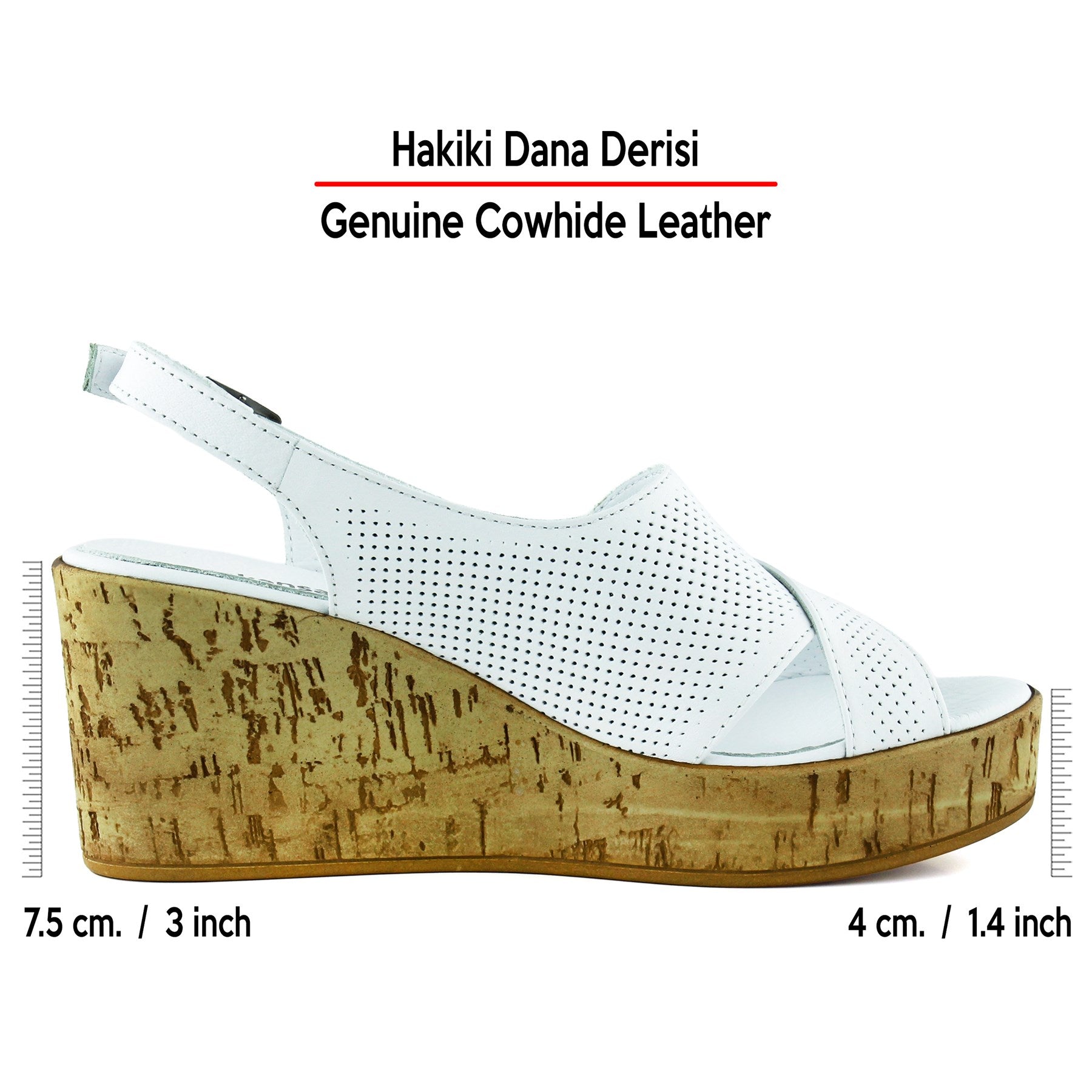 Serie Beyaz Hakiki Dana Derisi Delik Detaylı Mantar Taban Görünümlü Dolgu Topuklu Slingback Sandalet