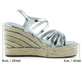 [7002] Gümüş Rugan Çapraz Bantlı Taşlı Zikzak Örgü Jüt Platform Topuklu Sandalet
