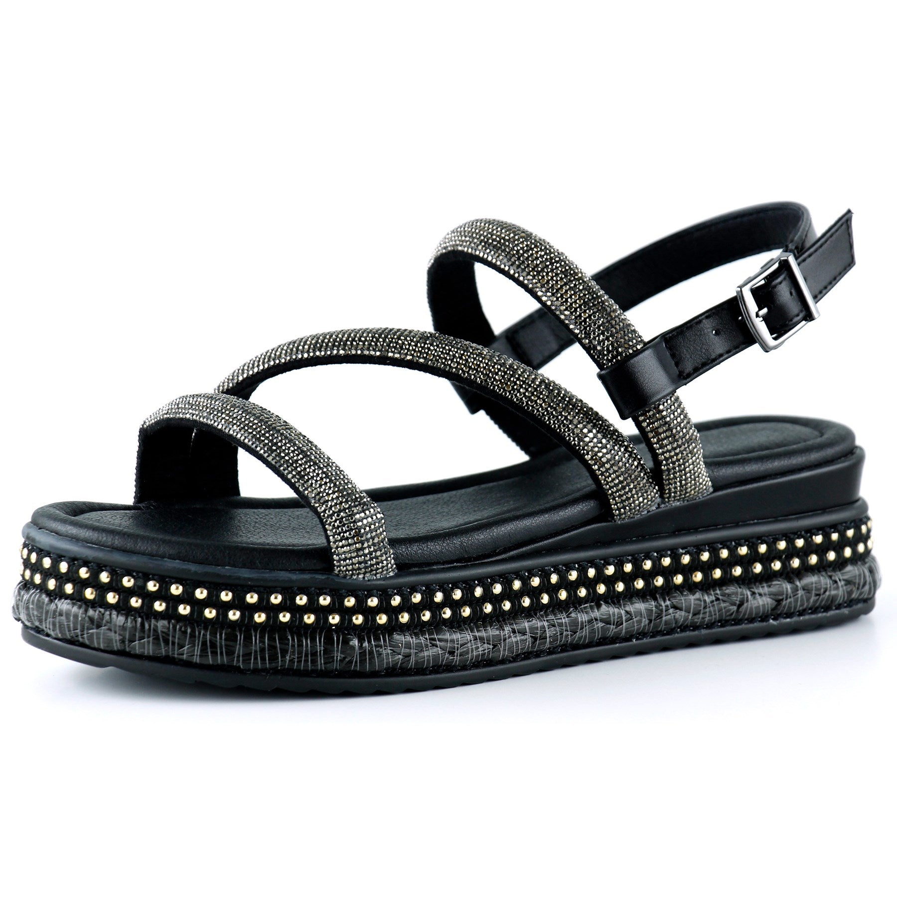 [7027] Siyah Üç Bant Taşlı İnci Detaylı Zikzak Örgülü Platform Sandalet