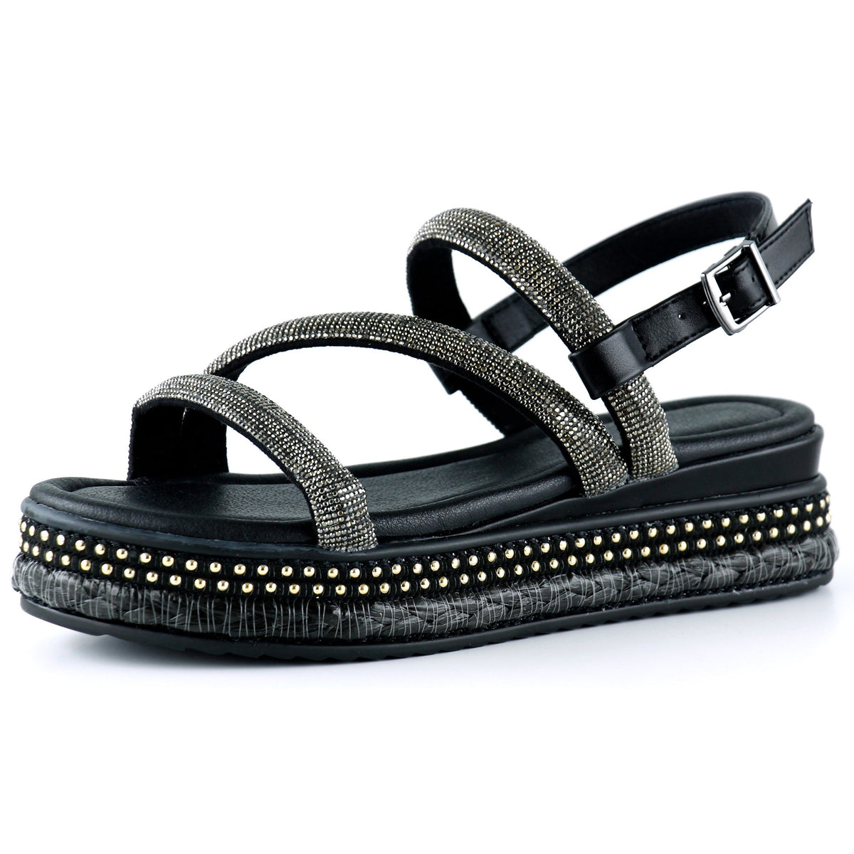 [7027] Siyah Üç Bant Taşlı İnci Detaylı Zikzak Örgülü Platform Sandalet