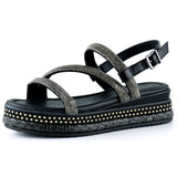 [7027] Siyah Üç Bant Taşlı İnci Detaylı Zikzak Örgülü Platform Sandalet