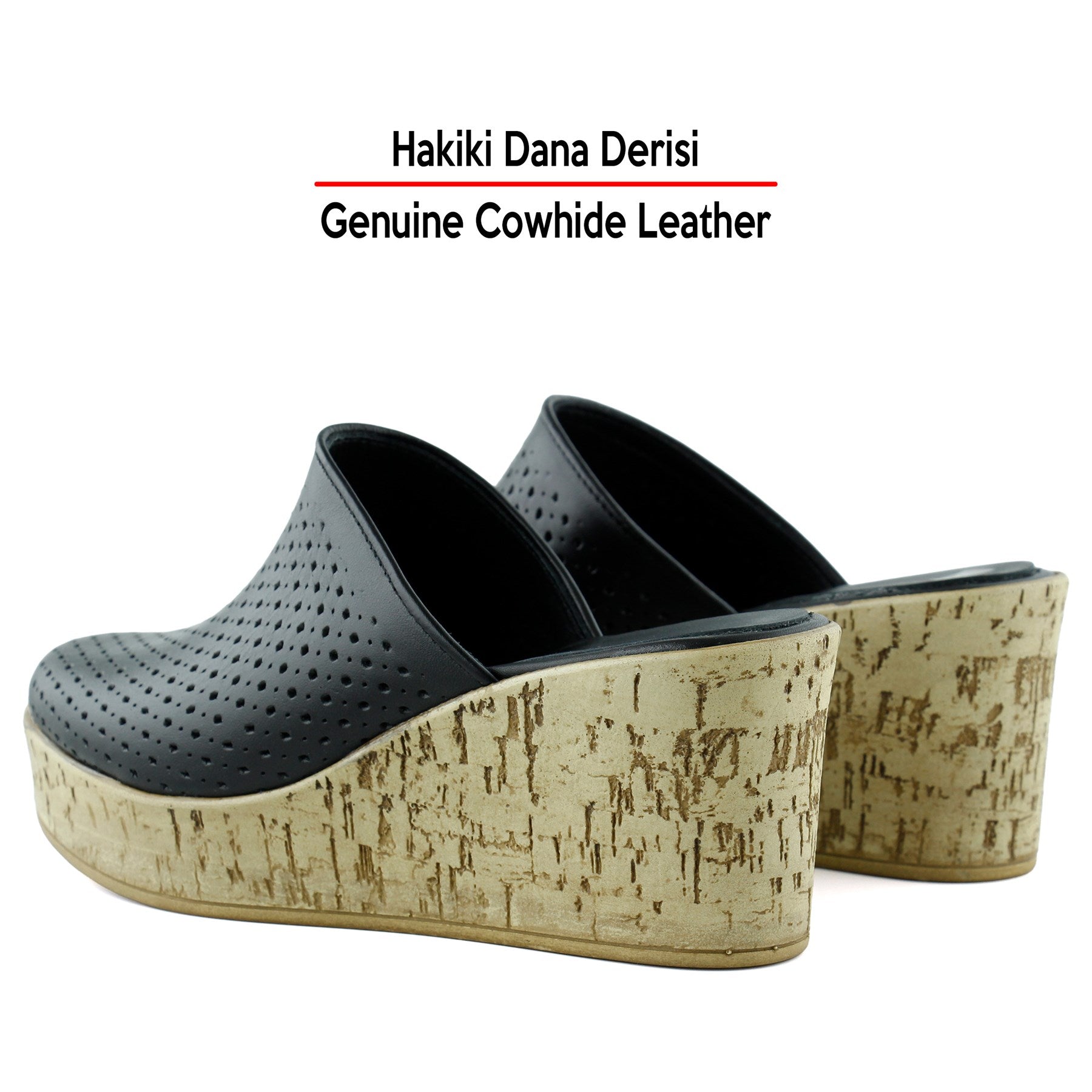 Aria Siyah Hakiki Dana Derisi Önü Kapalı Mantar Taban Görünümlü Dolgu Topuklu Terlik