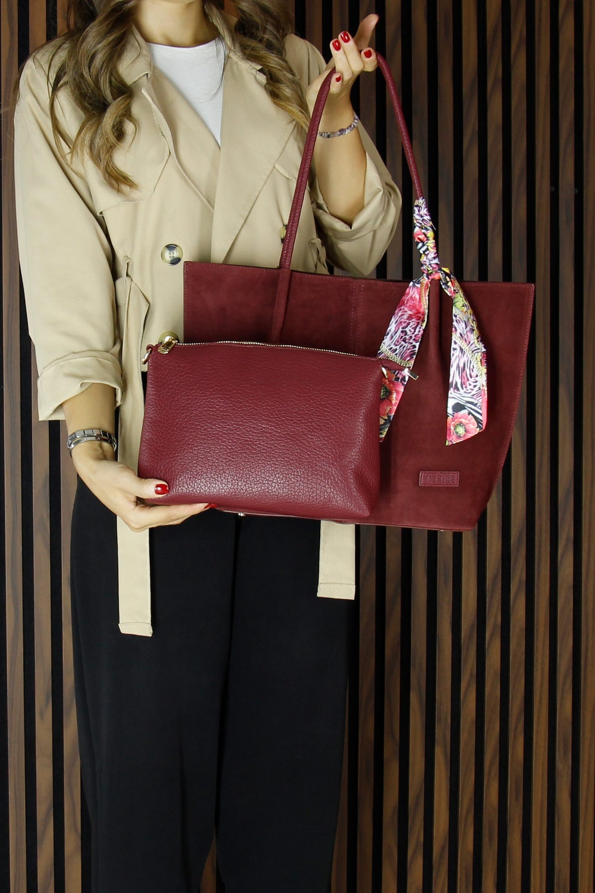 (VSN3093OC) Bordo Hakiki Dana Süet Manyetik Kapaklı Büyük Boy Günlük Omuz Çantası ve Askılı El Çantası