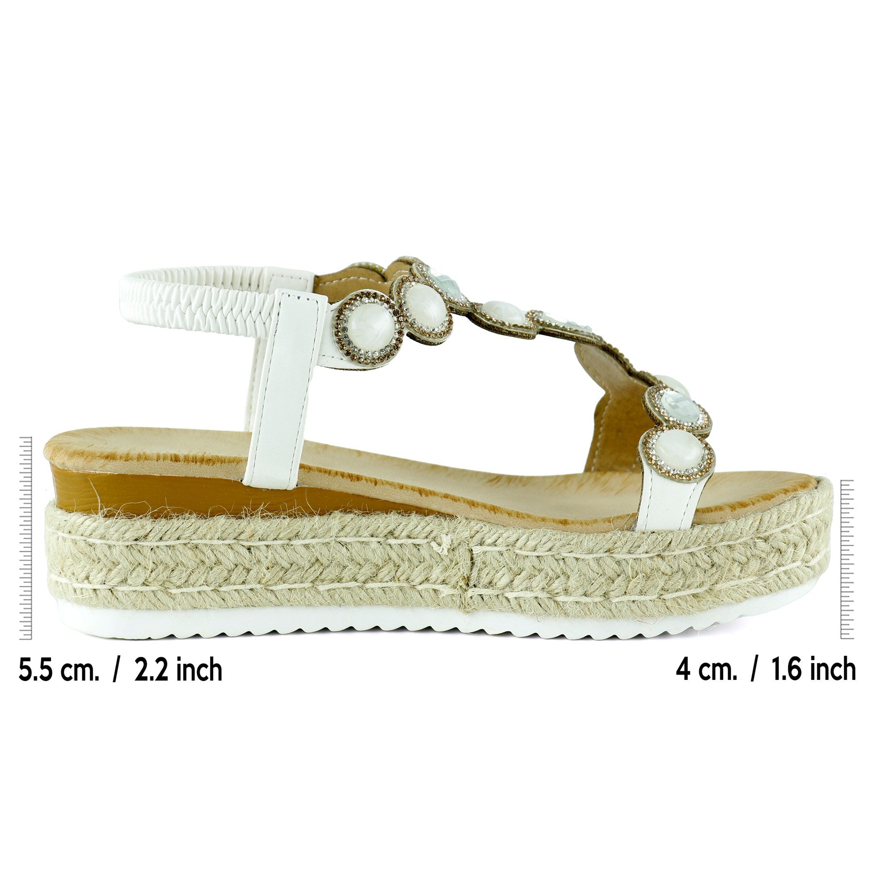 [7022] Beyaz Kristal Taşlı Elastik Bantlı Zikzak Örgü Jüt Platform Topuklu Sandalet