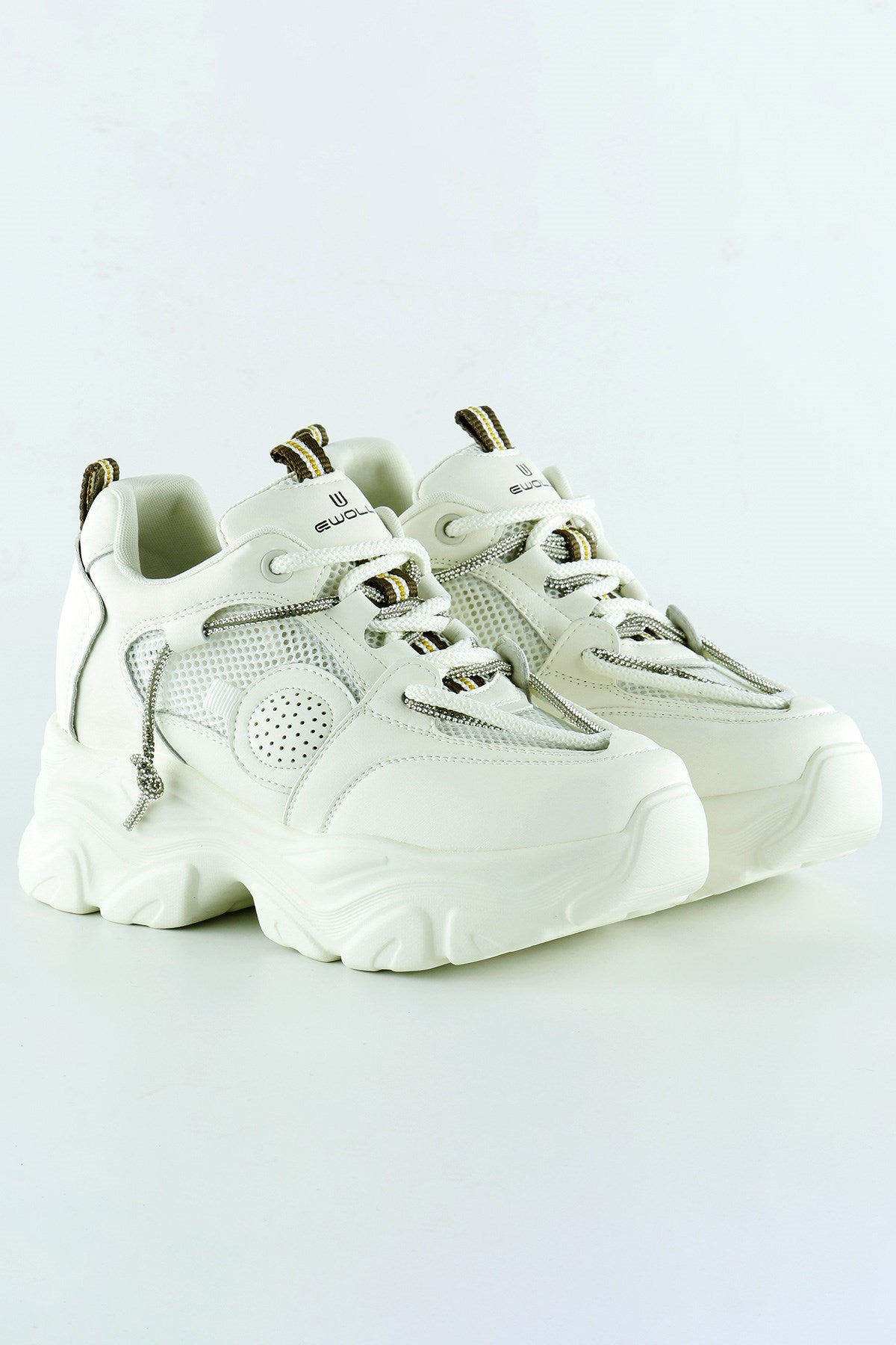 [5038] Ekru Yüksek Taban Spor Fileli Taşlı Bağcıklı Platform Sneaker