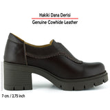 [MAX 5050] Kahverengi Hakiki Dana Derisi Lastikli Saç Örgü Detaylı Kalın Topuklu Günlük Loafer Ayakkabı