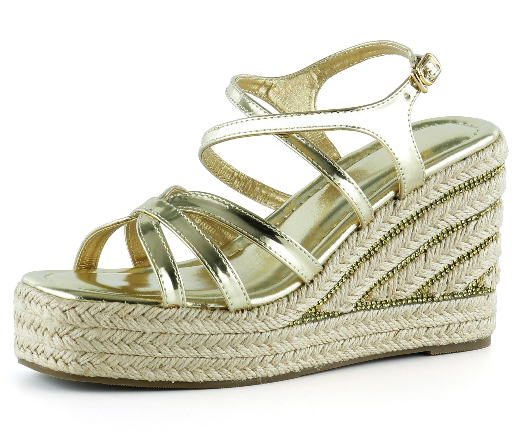 [7002] Altın Rugan Çapraz Bantlı Taşlı Zikzak Örgü Jüt Platform Topuklu Sandalet