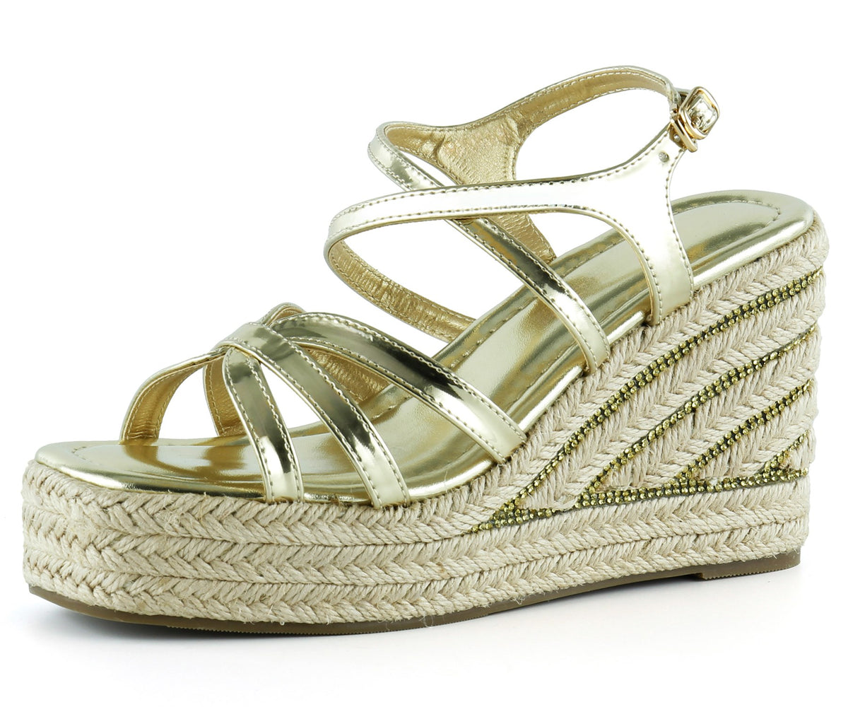 [7002] Altın Rugan Çapraz Bantlı Taşlı Zikzak Örgü Jüt Platform Topuklu Sandalet