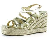 [7002] Altın Rugan Çapraz Bantlı Taşlı Zikzak Örgü Jüt Platform Topuklu Sandalet