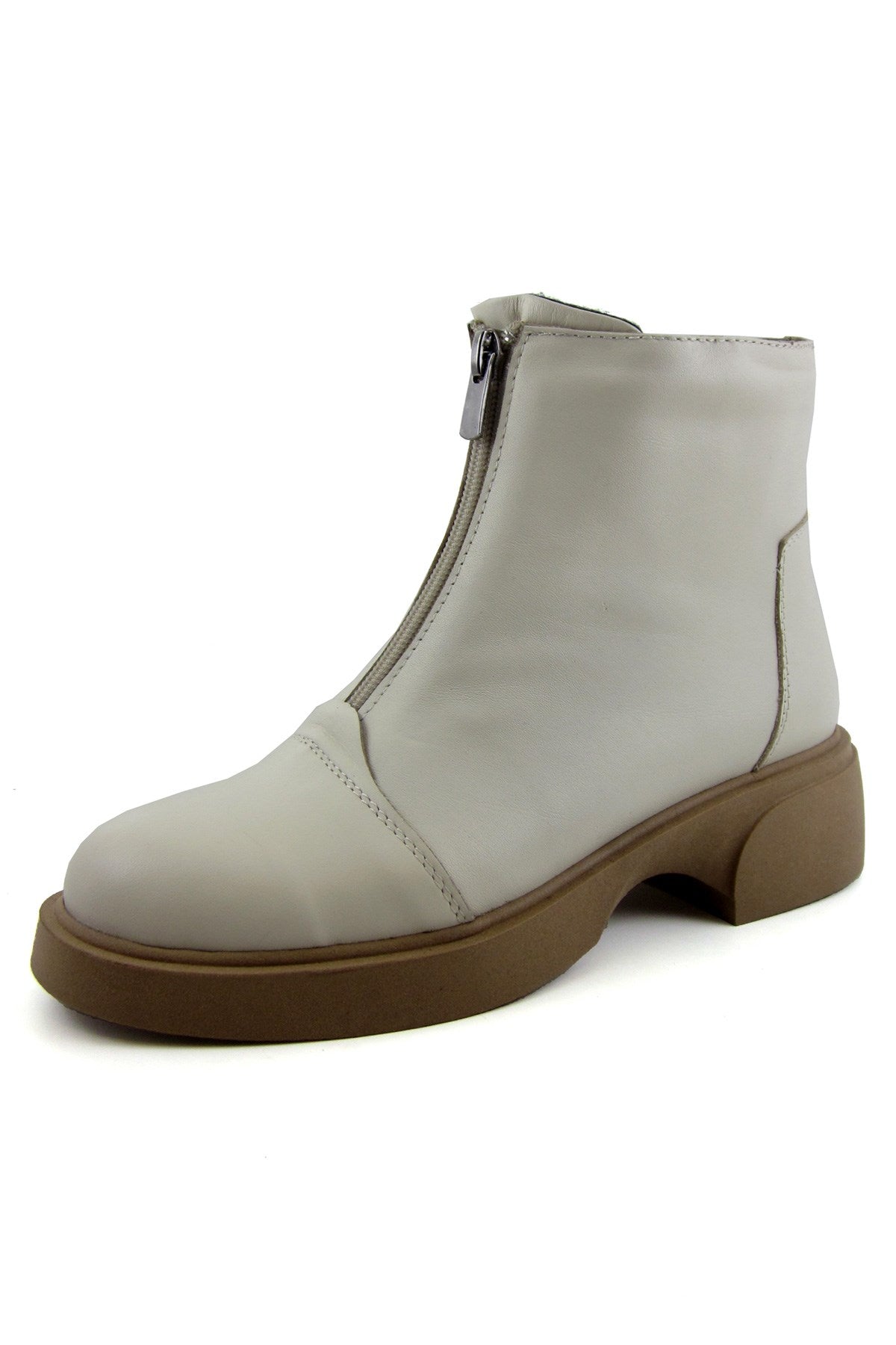 Zabrina Bej Hakiki Deri Fermuarlı Topuklu Bot