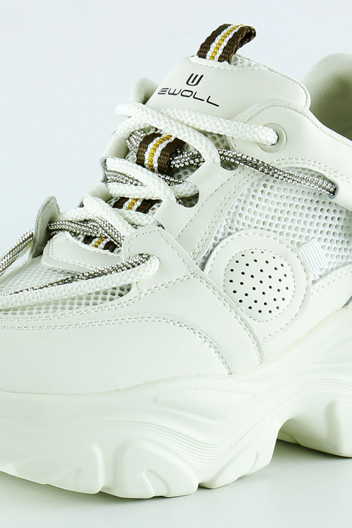 [5038] Ekru Yüksek Taban Spor Fileli Taşlı Bağcıklı Platform Sneaker