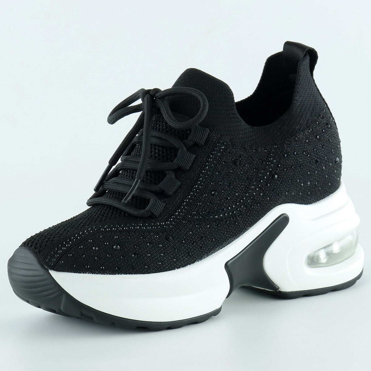 [5035] Siyah Beyaz Örgü Dokuma Kristal Taşlı Bağcıklı Hava Yastıklı Taban Gizli Dolgu Slip-on Sneake