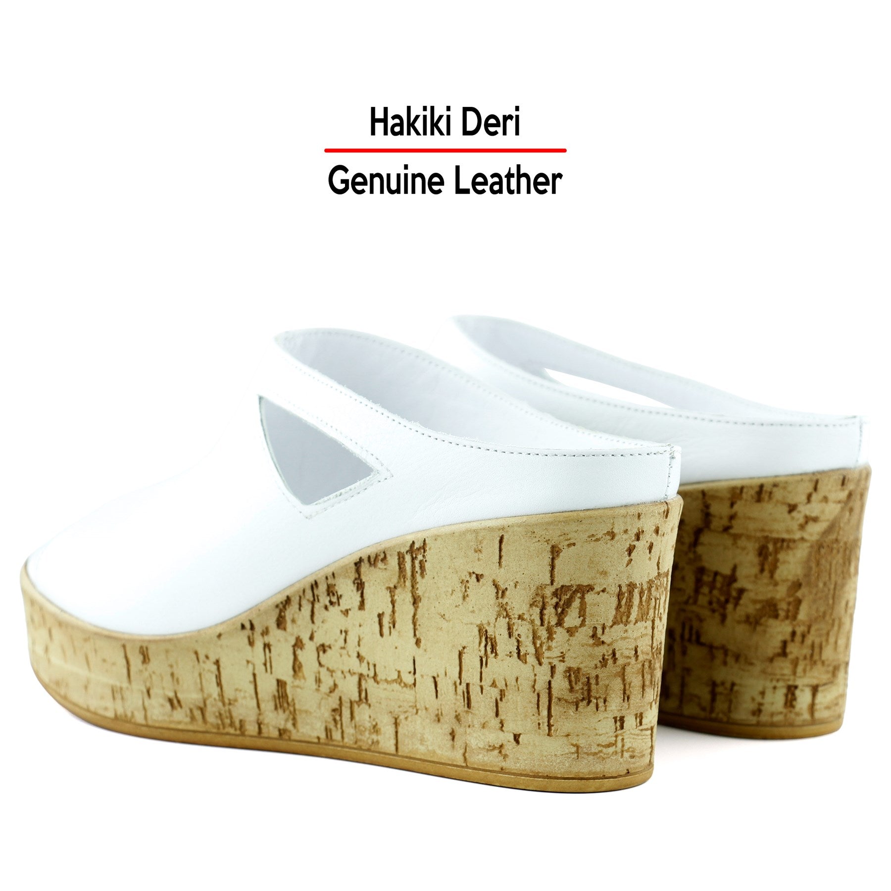 Drusilla Beyaz Hakiki Deri Önü Açık Kesik Detaylı Mantar Taban Görünümlü Dolgu Topuklu Terlik