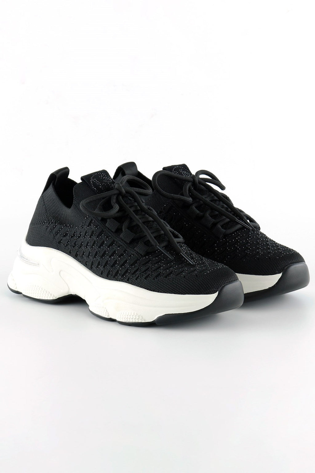 [5031] Siyah Örgü Dokuma Taş Detaylı Bağcıklı Slip-on Sneaker