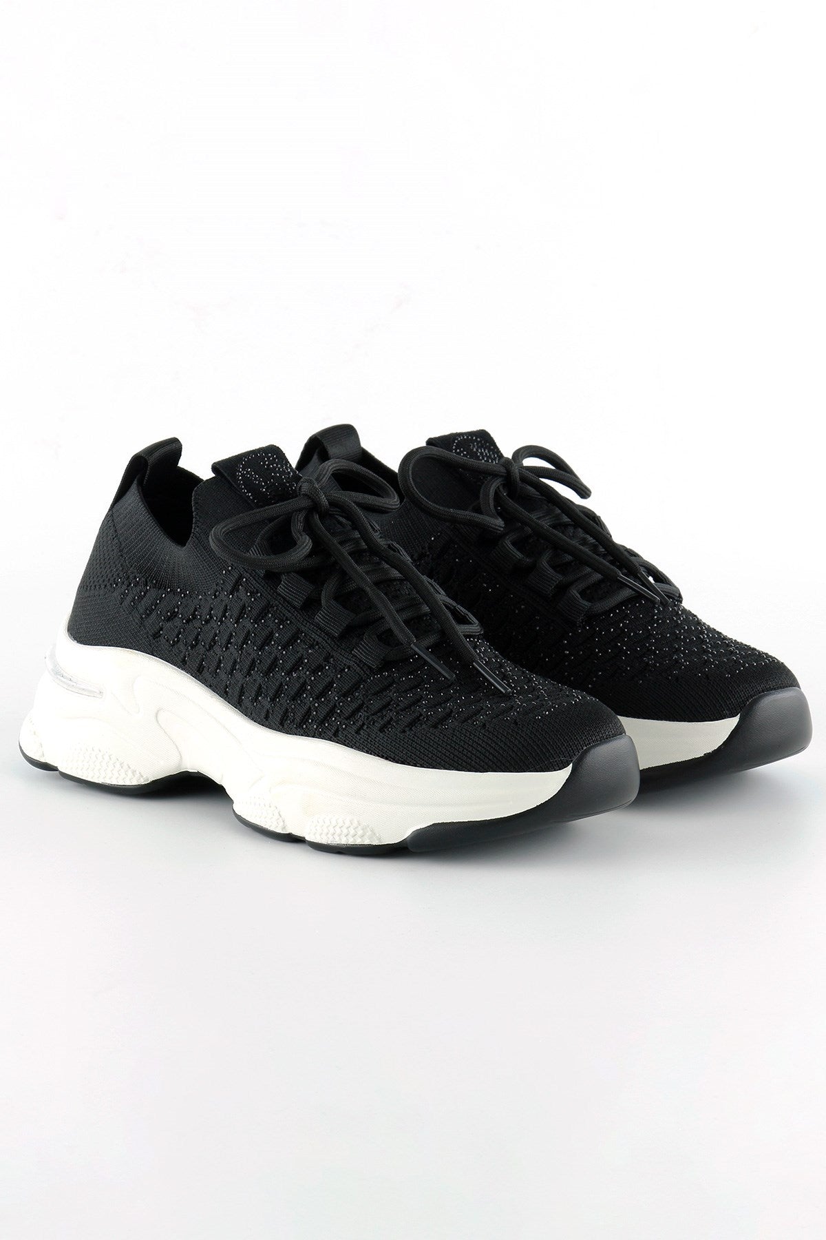 [5031] Siyah Örgü Dokuma Taş Detaylı Bağcıklı Slip-on Sneaker