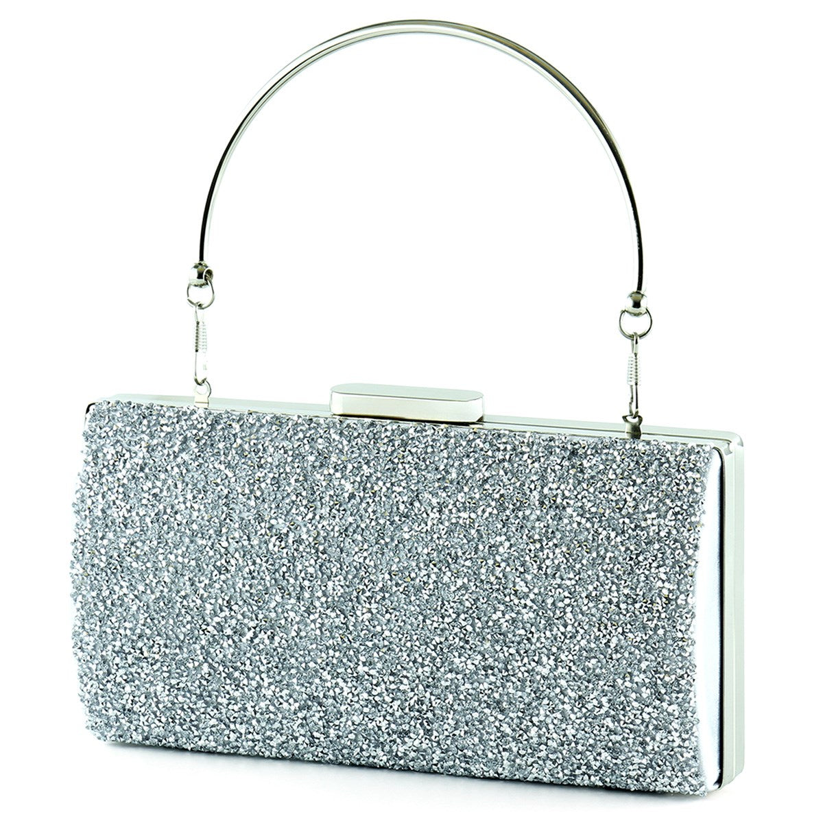 Gümüş Saten Kristal Granül Taşlı Metal Saplı Abiye El Çantası ( ES0013AC )