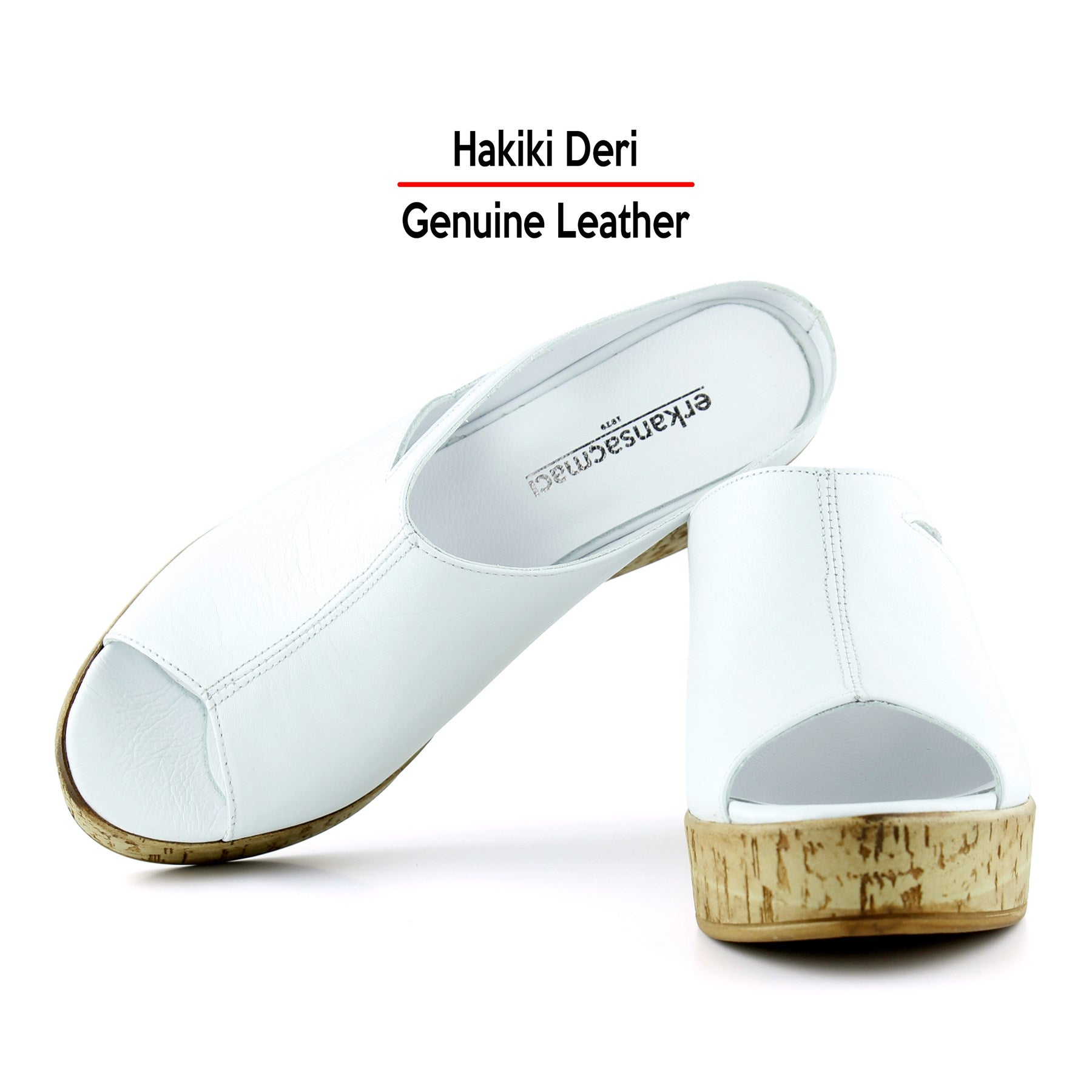 Drusilla Beyaz Hakiki Deri Önü Açık Kesik Detaylı Mantar Taban Görünümlü Dolgu Topuklu Terlik