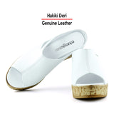 Drusilla Beyaz Hakiki Deri Önü Açık Kesik Detaylı Mantar Taban Görünümlü Dolgu Topuklu Terlik