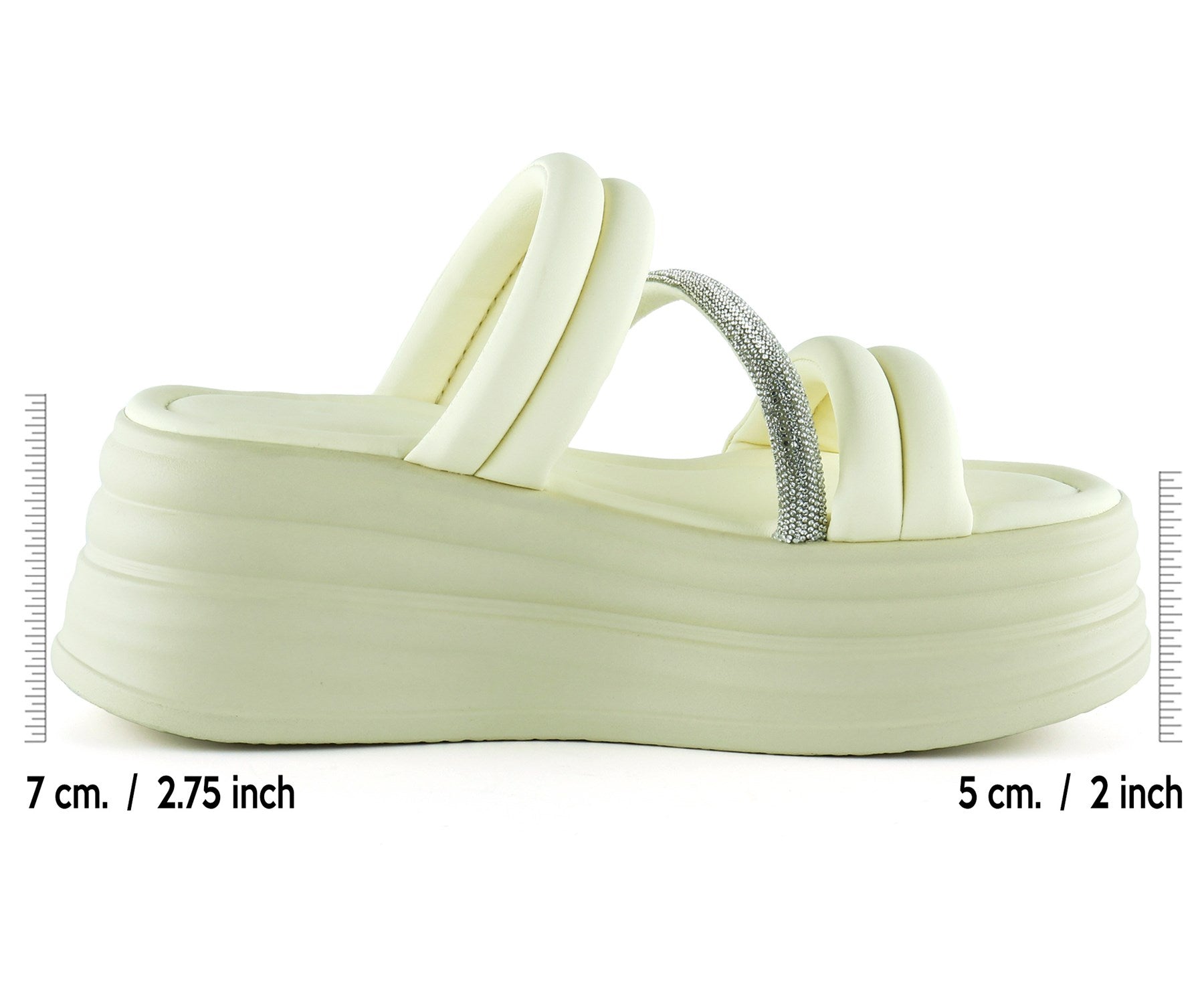 [7028] Bej Dolgu Taban Gümüş Taşlı Bantlı Platform Terlik