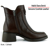 [MAX 523] Kahverengi Hakiki Dana Derisi Tokalı Fermuarlı Yuvarlak Burun Kalın Topuklu Günlük Bot
