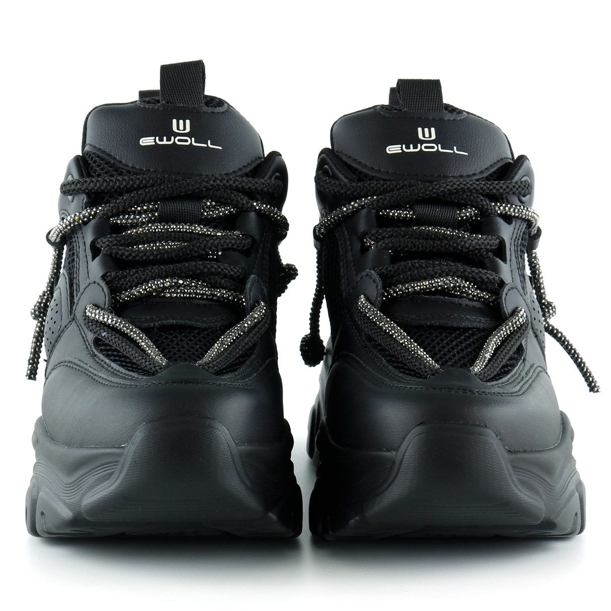 [5038] Siyah Yüksek Taban Spor Fileli Taşlı Bağcıklı Platform Sneaker