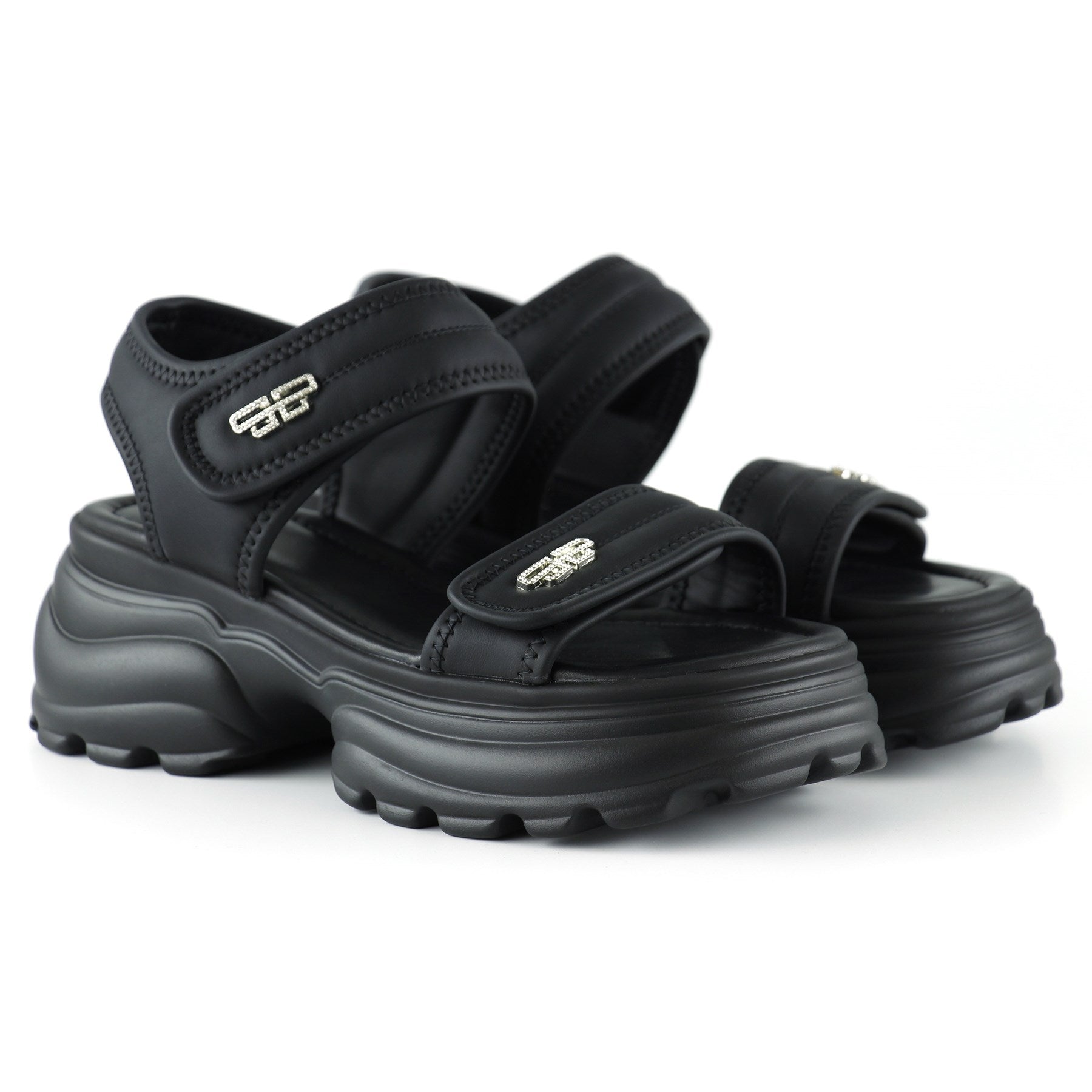 [7030] Siyah Kristal Taşlı Çift Cırt Cırt Bantlı Platform Sandalet