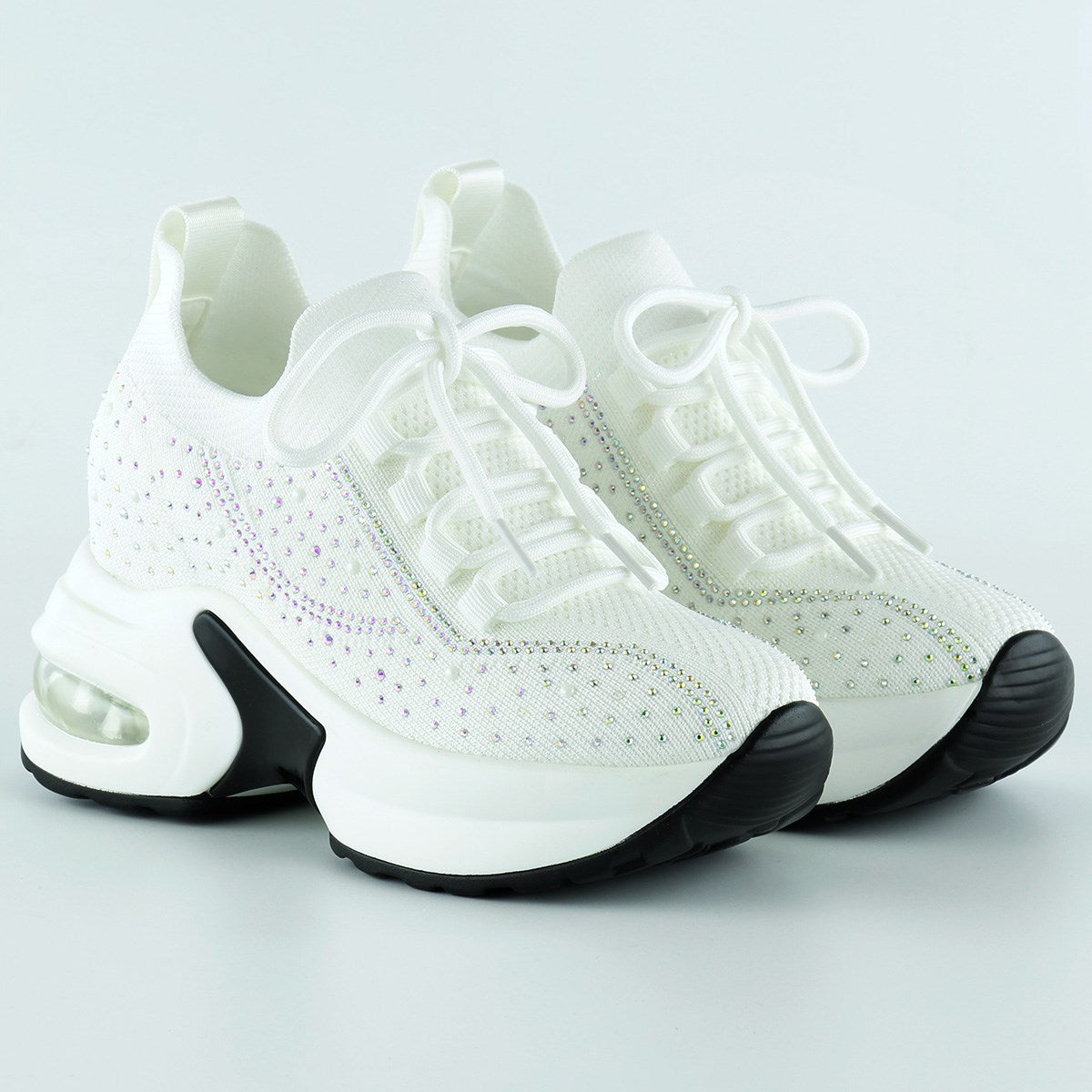 [5035] Beyaz Örgü Dokuma Kristal Taşlı Bağcıklı Hava Yastıklı Taban Gizli Dolgu Slip-on Sneaker