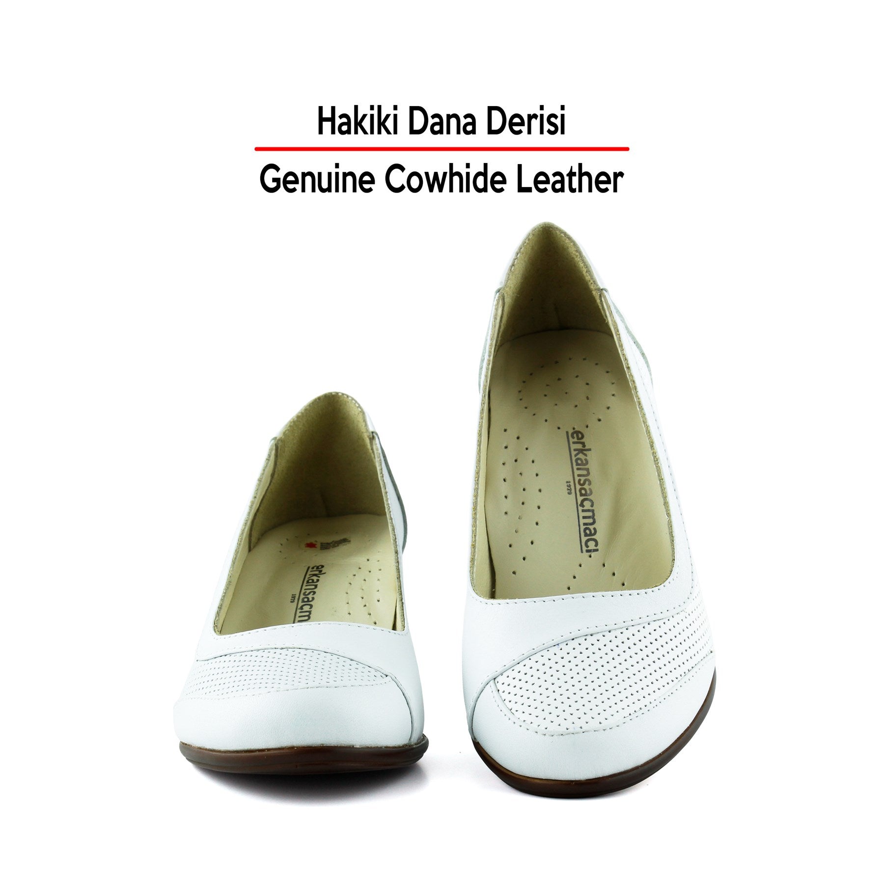 Sarah Beyaz Hakiki Dana Derisi Delik Detaylı Kalın Topuklu Günlük Klasik Ayakkabı