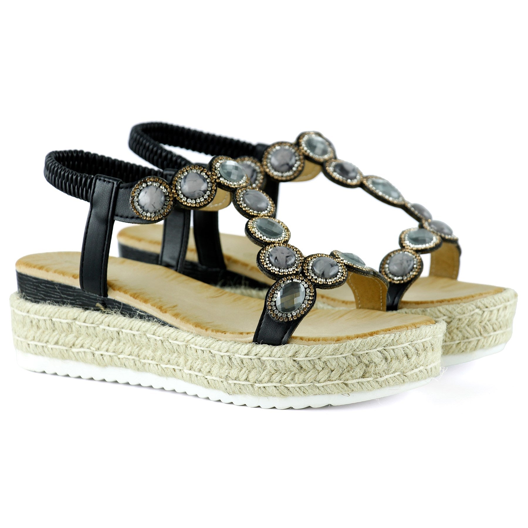 [7022] Siyah Kristal Taşlı Elastik Bantlı Zikzak Örgü Jüt Platform Topuklu Sandalet