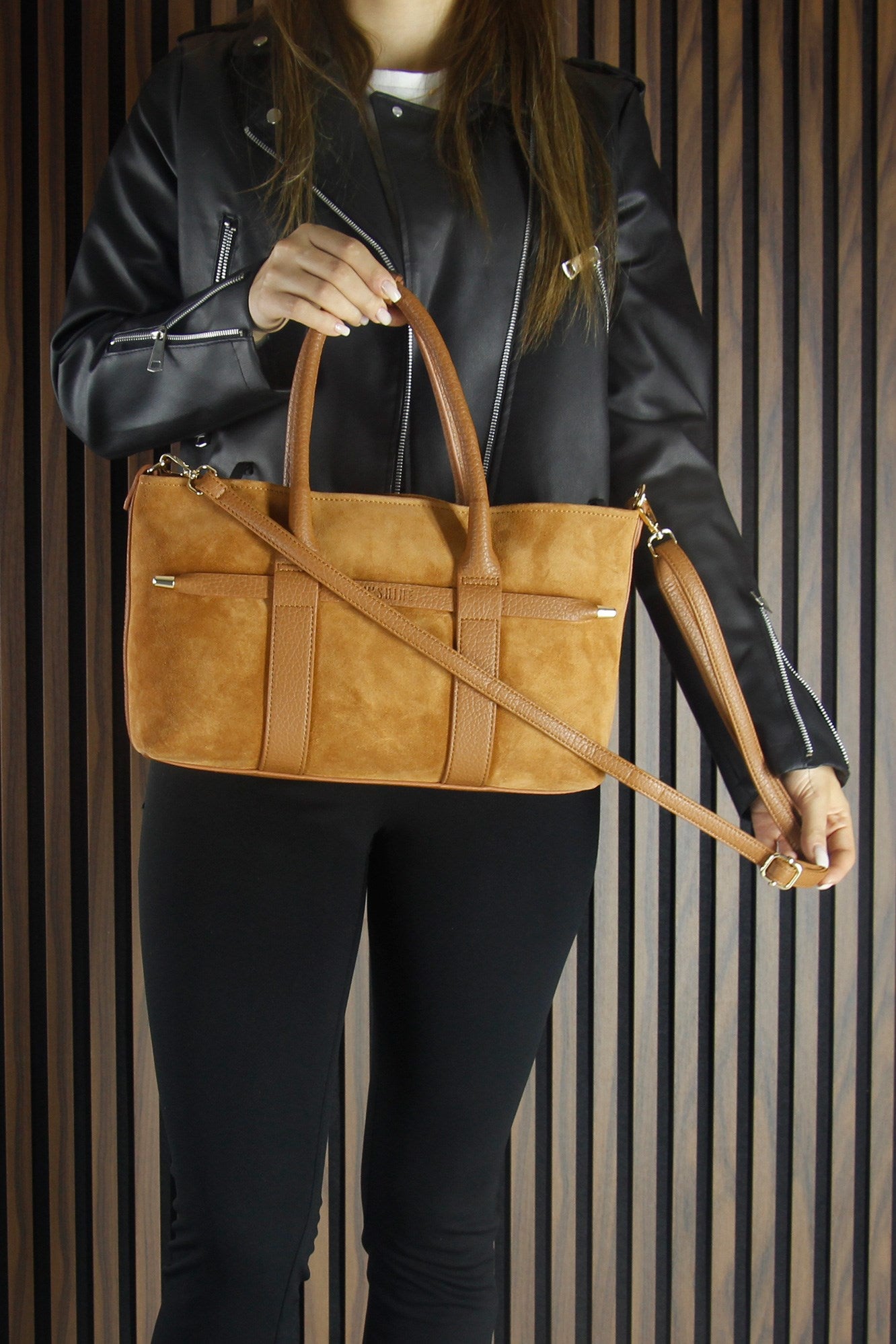 (VSN5014OC) Taba Hakiki Dana Süet Fermuarlı Üç Bölmeli İç Cepli Askılı Orta Boy Günlük Omuz Çantası