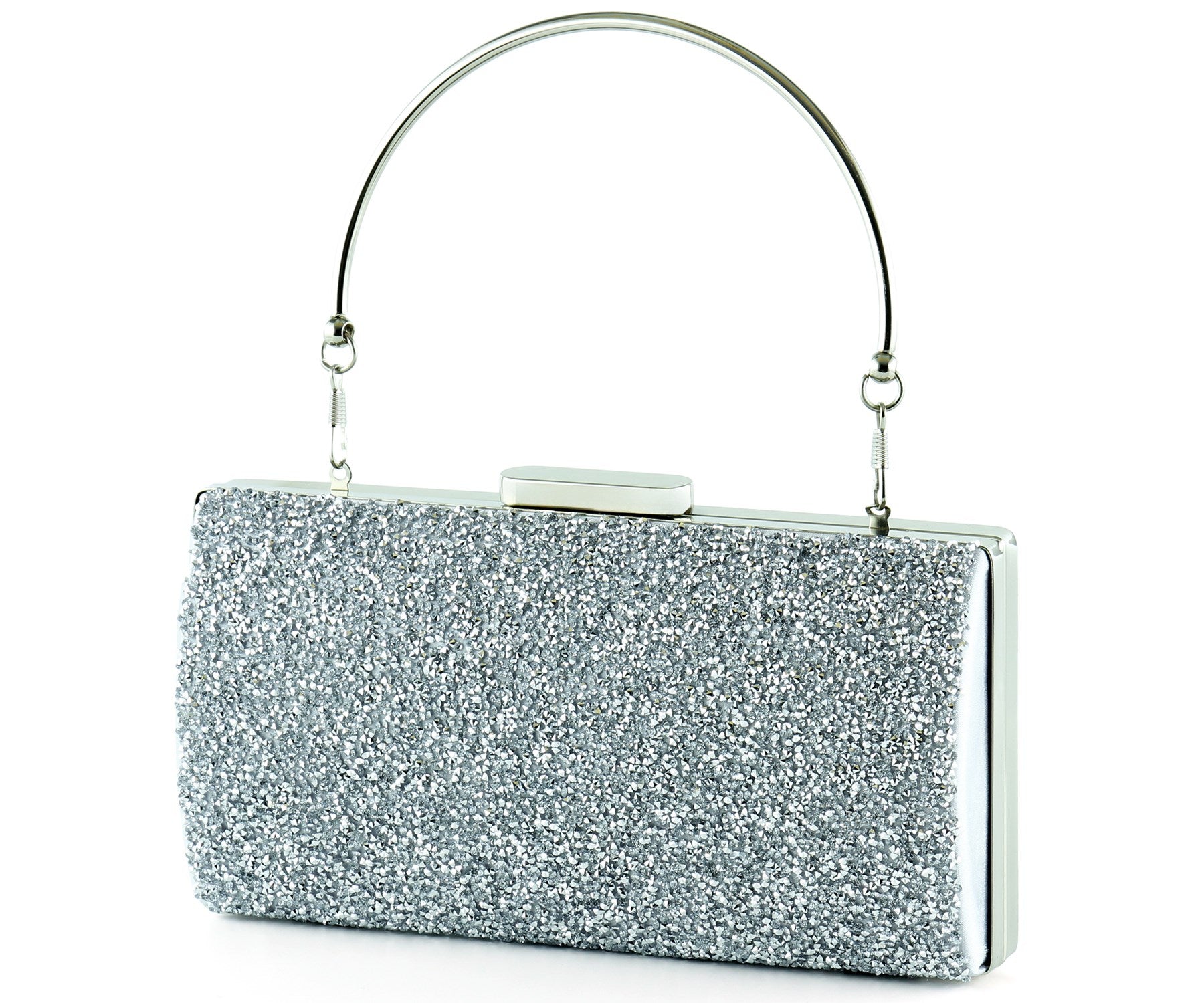 Gümüş Saten Kristal Granül Taşlı Metal Saplı Abiye El Çantası ( ES0013AC )