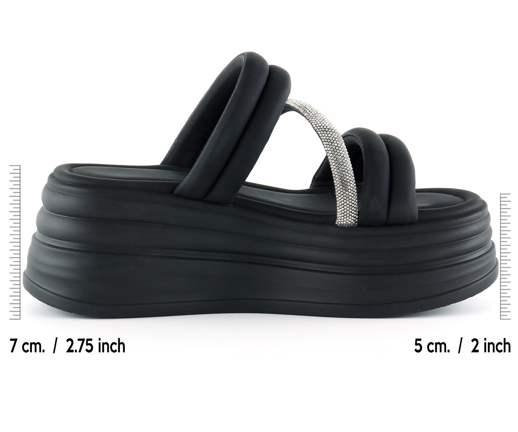 [7028] Siyah Dolgu Taban Gümüş Taşlı Bantlı Platform Terlik