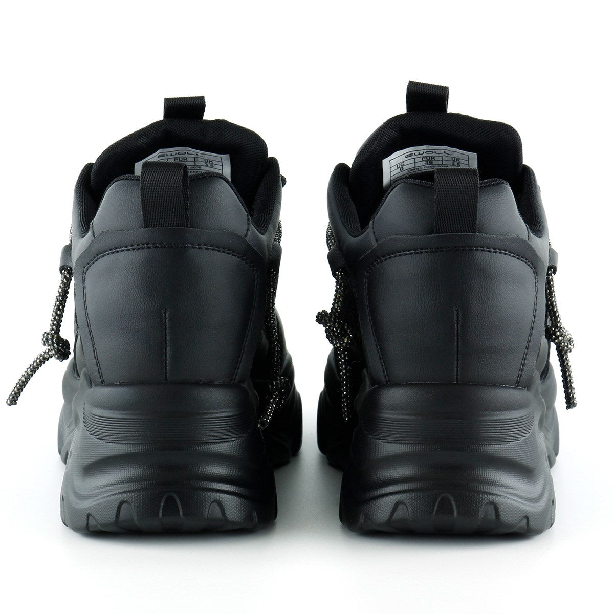 [5038] Siyah Yüksek Taban Spor Fileli Taşlı Bağcıklı Platform Sneaker