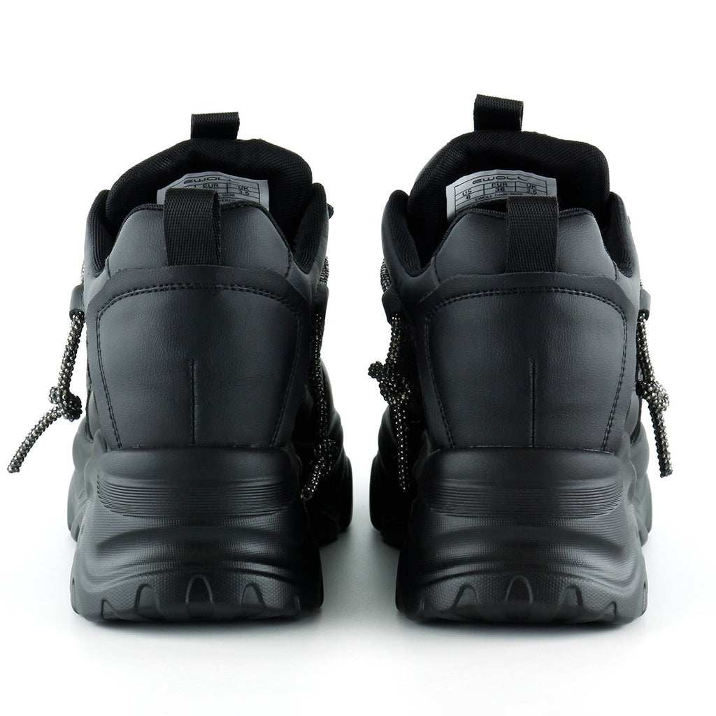 [5038] Siyah Yüksek Taban Spor Fileli Taşlı Bağcıklı Platform Sneaker