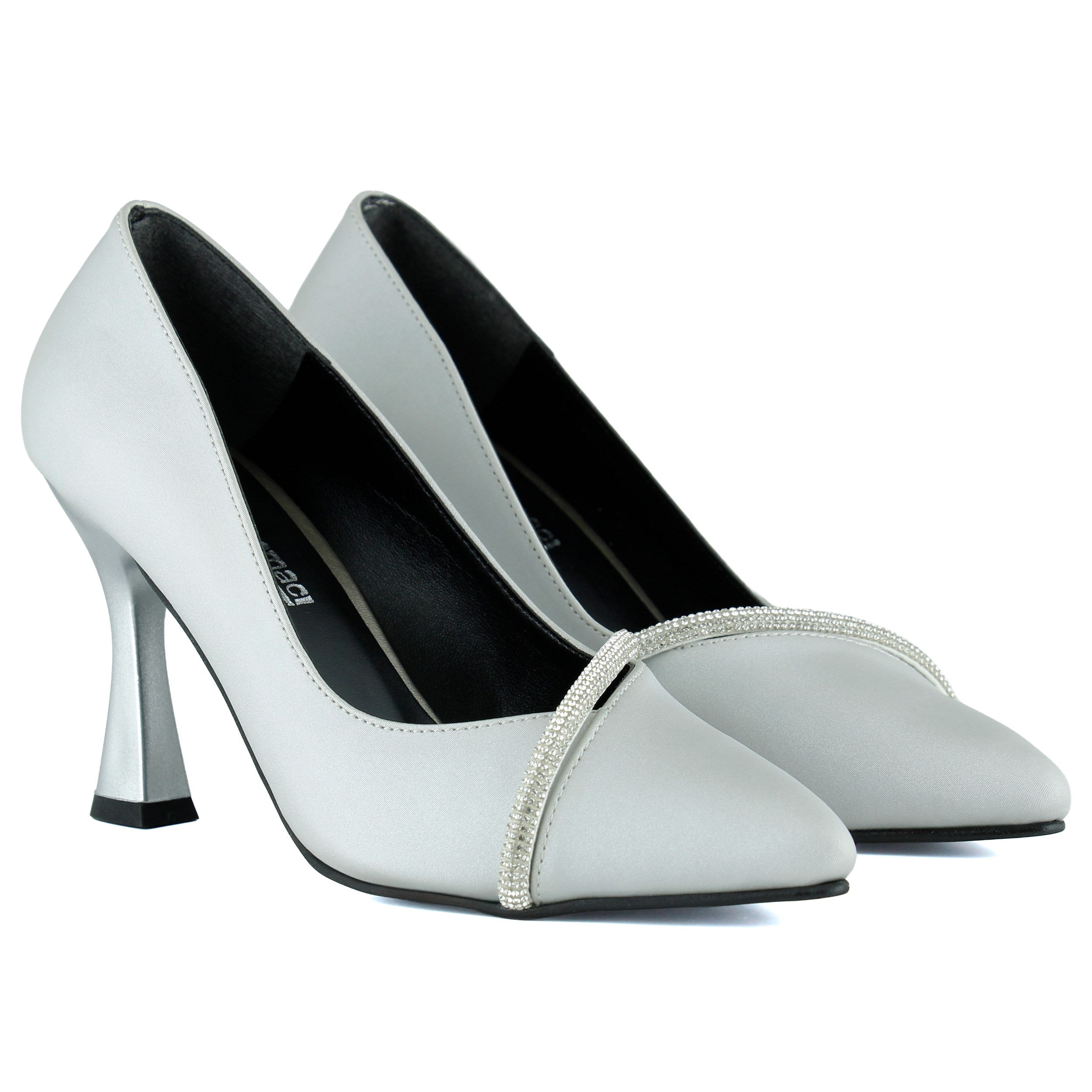 Roland Gümüş Saten Taşlı Sivri Burun İnce Kadeh Topuklu Abiye Ayakkabı