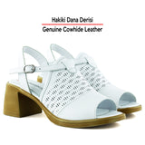 Amanda Beyaz Hakiki Dana Derisi Kesik Detaylı Ayarlanabilir Tokalı Kalın Topuklu Günlük Sandalet