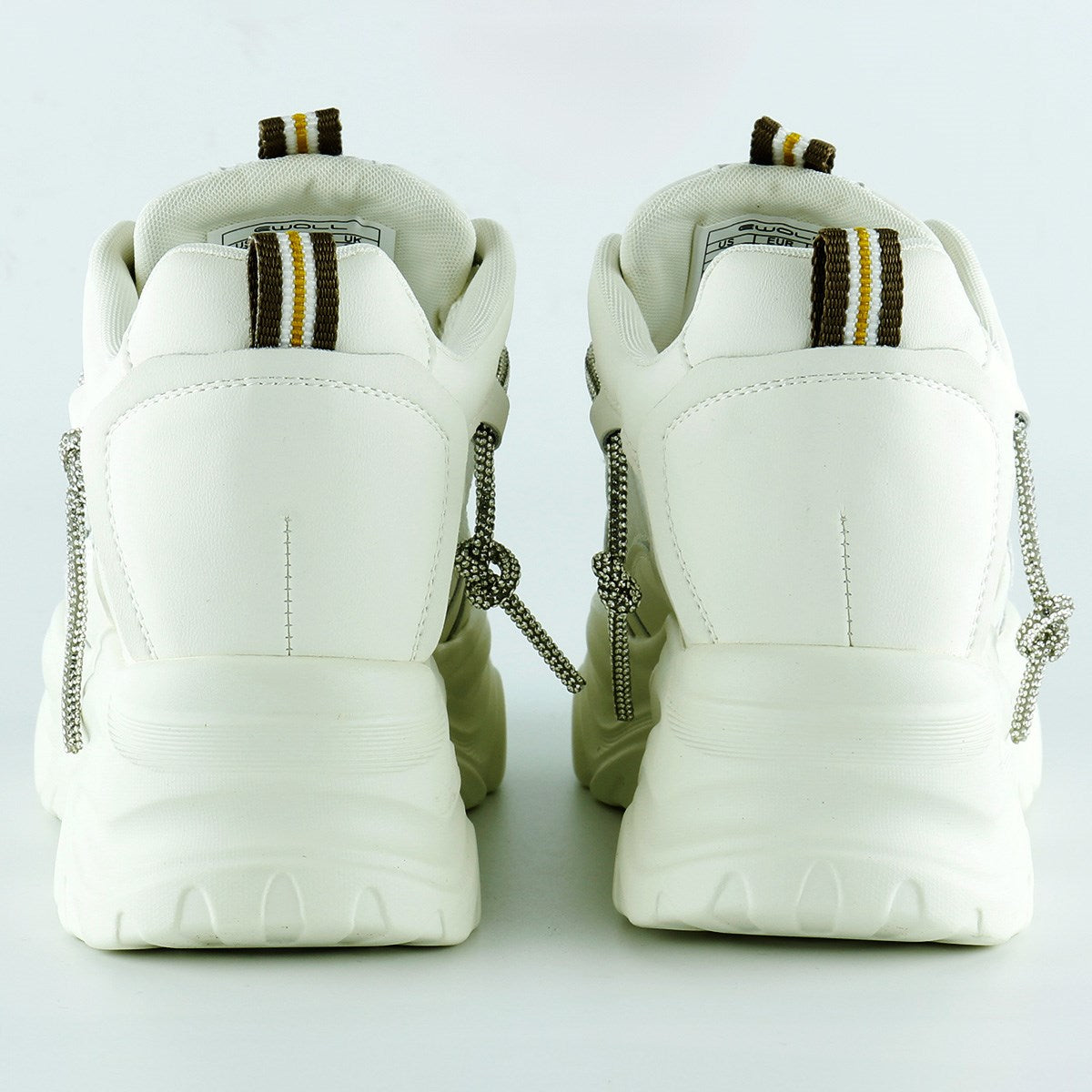 [5038] Ekru Yüksek Taban Spor Fileli Taşlı Bağcıklı Platform Sneaker