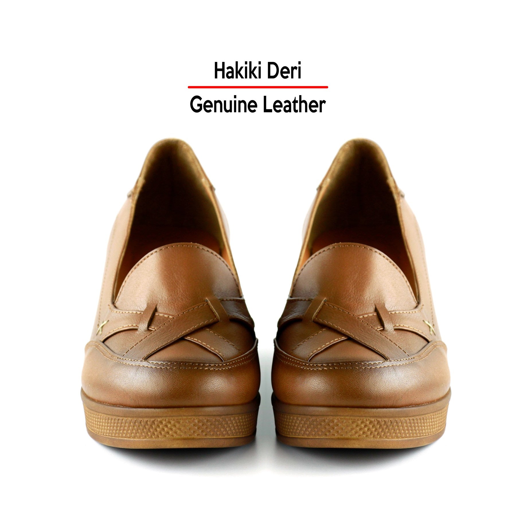 Shay Exclusive Taba Hakiki Deri Çapraz Bant Detaylı İşlemeli Dolgu Topuklu Günlük Ayakkabı