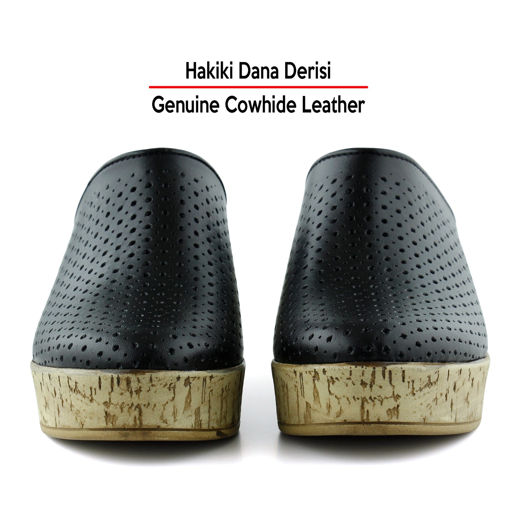 Aria Siyah Hakiki Dana Derisi Önü Kapalı Mantar Taban Görünümlü Dolgu Topuklu Terlik